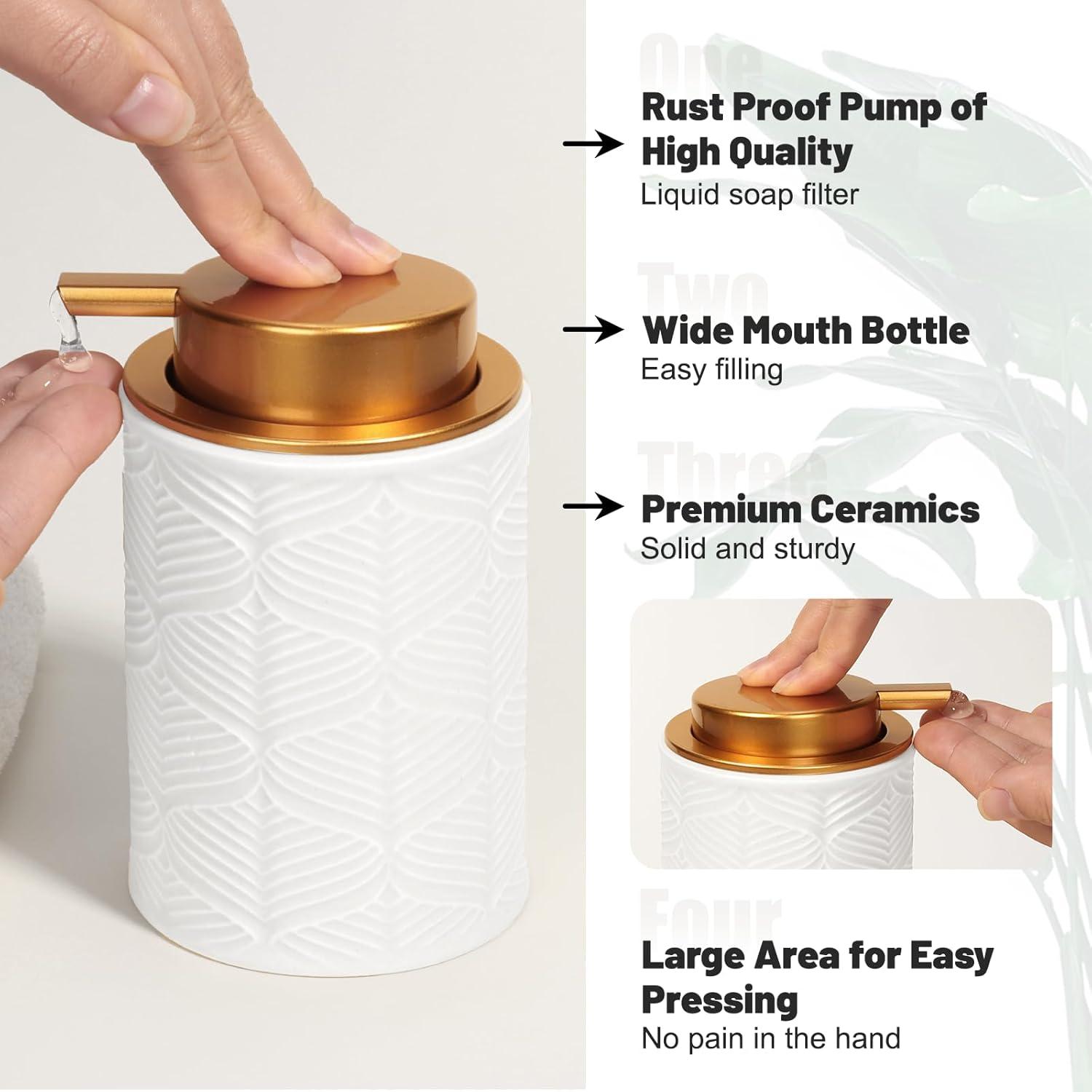 image:imageCeramic Bathroom Accessories Set 4 PcsIncludes Lotion Soap Dispenser Toothbrush Holder Vanity Tray and Tumbler Modern Bathroom Decor Organizer with Soap Dish Apothecary Jar Beige ColorCeramic White