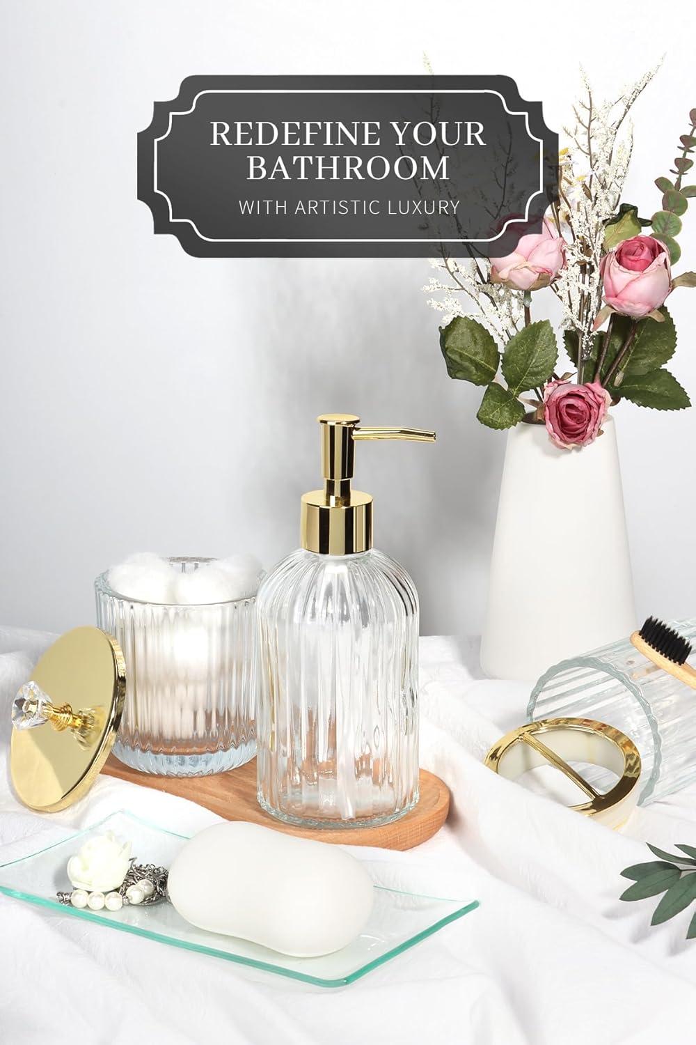 image:imageCeramic Bathroom Accessories Set 4 PcsIncludes Lotion Soap Dispenser Toothbrush Holder Vanity Tray and Tumbler Modern Bathroom Decor Organizer with Soap Dish Apothecary Jar Beige ColorGlass Clear