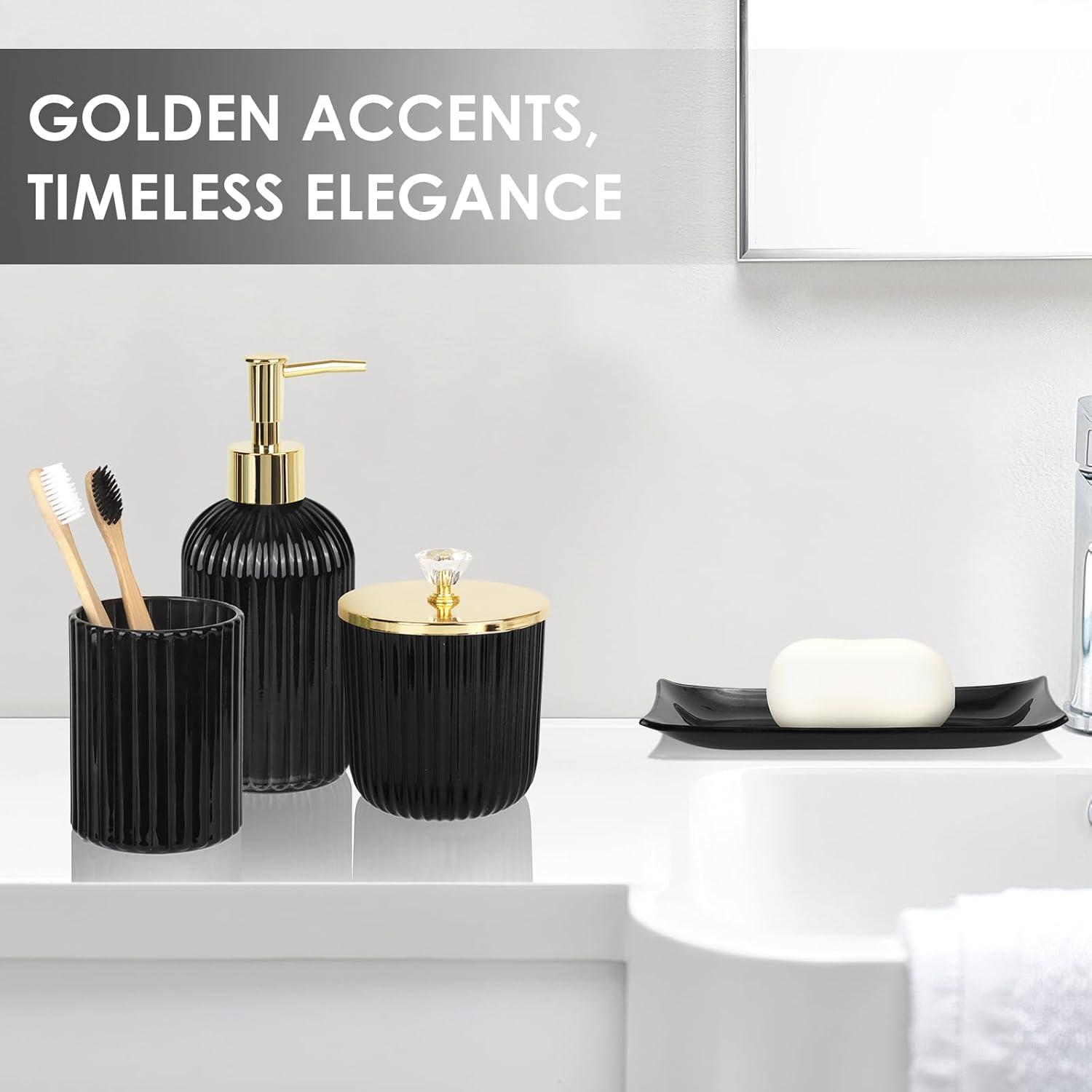 image:imageCeramic Bathroom Accessories Set 4 PcsIncludes Lotion Soap Dispenser Toothbrush Holder Vanity Tray and Tumbler Modern Bathroom Decor Organizer with Soap Dish Apothecary Jar Beige ColorGlass Black