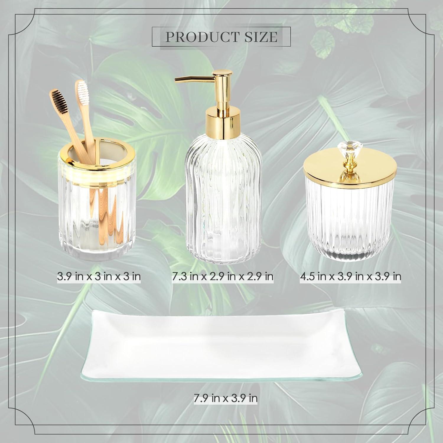 image:imageCeramic Bathroom Accessories Set 4 PcsIncludes Lotion Soap Dispenser Toothbrush Holder Vanity Tray and Tumbler Modern Bathroom Decor Organizer with Soap Dish Apothecary Jar Beige ColorGlass Clear
