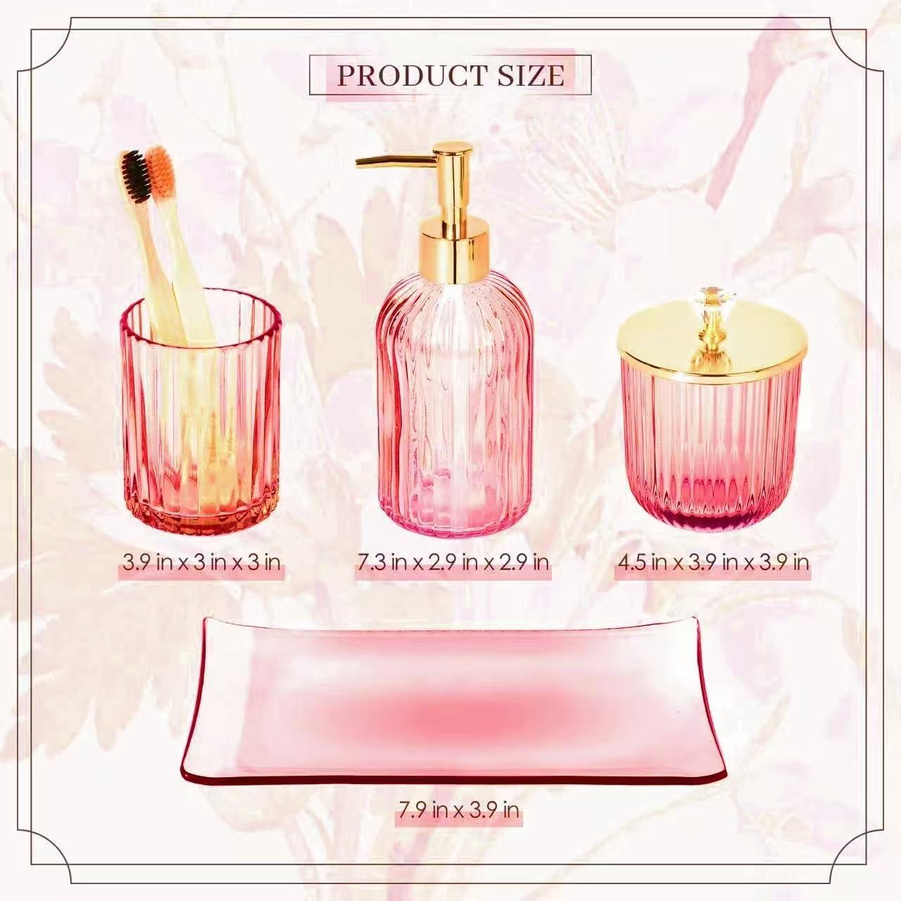 image:imageCeramic Bathroom Accessories Set 4 PcsIncludes Lotion Soap Dispenser Toothbrush Holder Vanity Tray and Tumbler Modern Bathroom Decor Organizer with Soap Dish Apothecary Jar Beige ColorGlass Pink