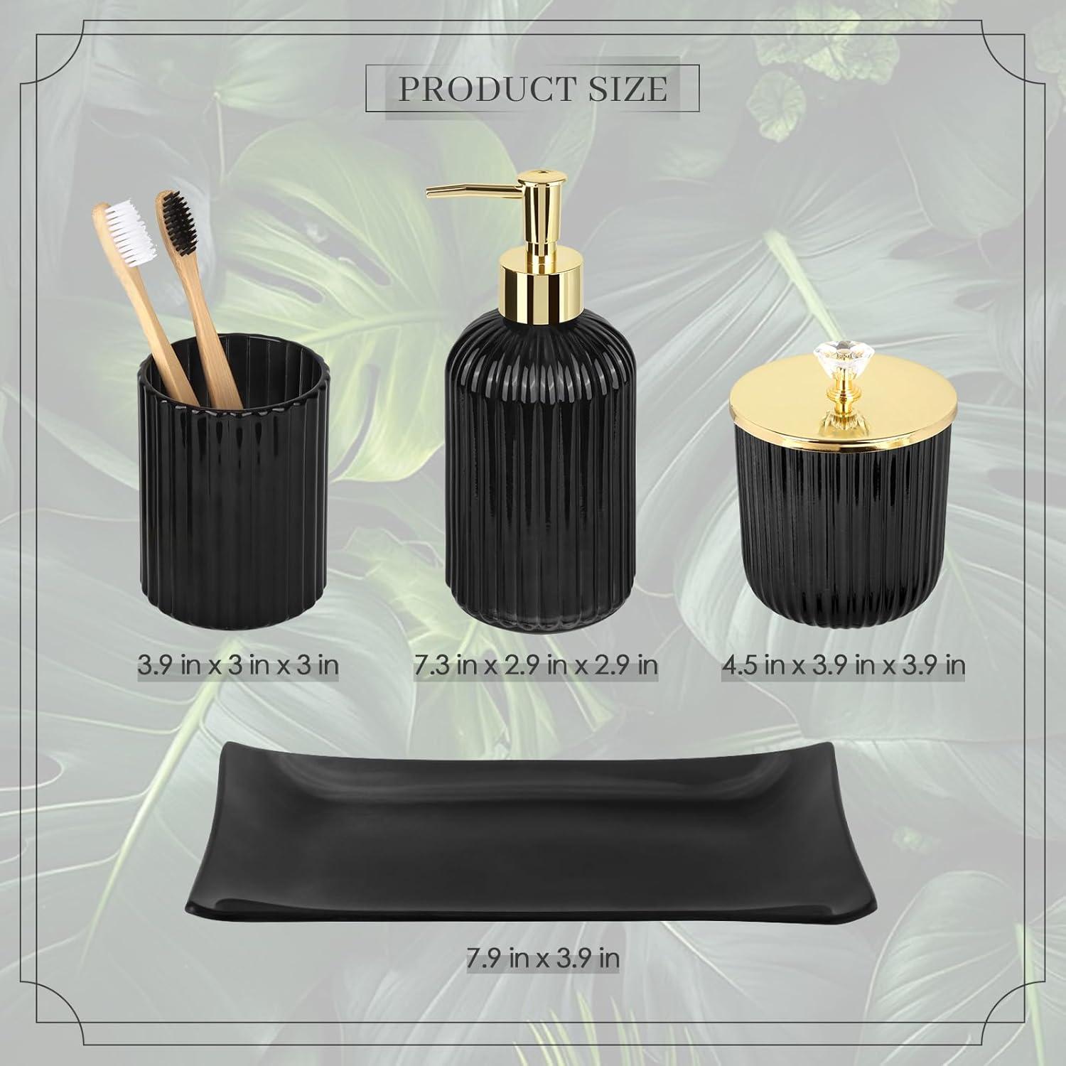 image:imageCeramic Bathroom Accessories Set 4 PcsIncludes Lotion Soap Dispenser Toothbrush Holder Vanity Tray and Tumbler Modern Bathroom Decor Organizer with Soap Dish Apothecary Jar Beige ColorGlass Black