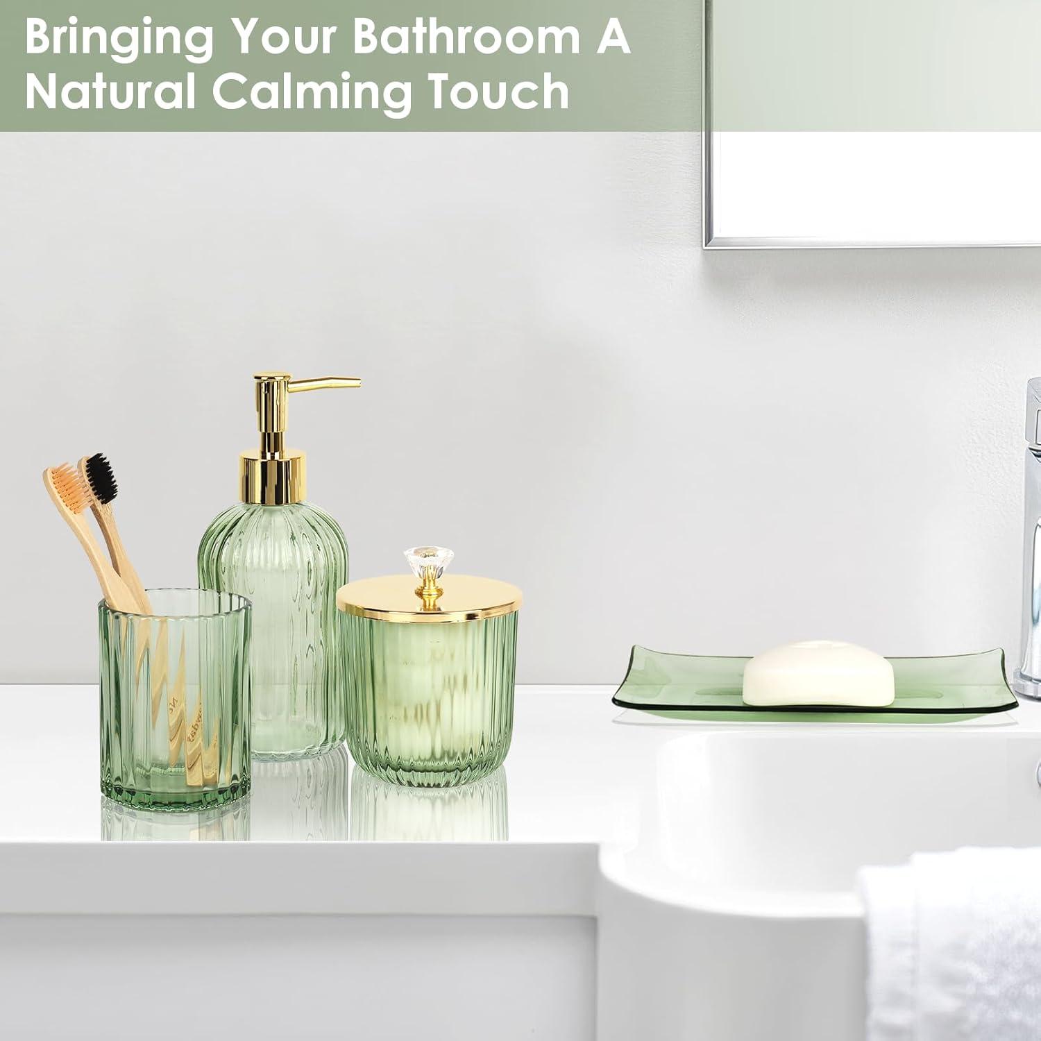 image:imageCeramic Bathroom Accessories Set 4 PcsIncludes Lotion Soap Dispenser Toothbrush Holder Vanity Tray and Tumbler Modern Bathroom Decor Organizer with Soap Dish Apothecary Jar Beige ColorGlass Green