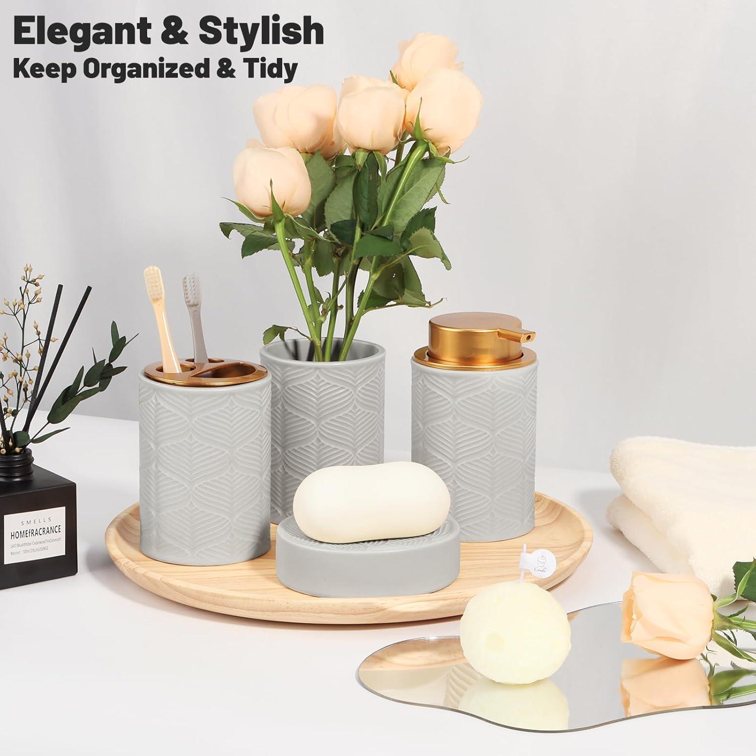 image:imageCeramic Bathroom Accessories Set 4 PcsIncludes Lotion Soap Dispenser Toothbrush Holder Vanity Tray and Tumbler Modern Bathroom Decor Organizer with Soap Dish Apothecary Jar Beige ColorCeramic Grey