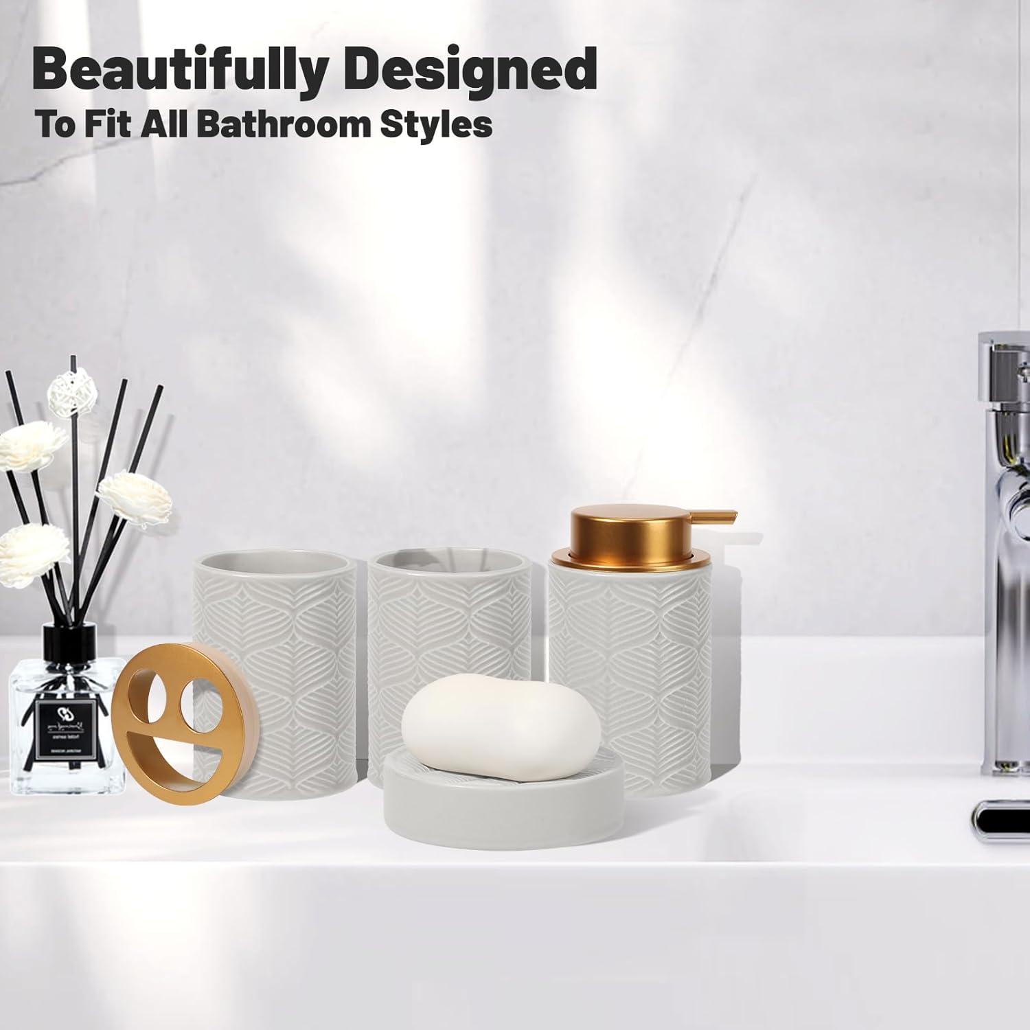 image:imageCeramic Bathroom Accessories Set 4 PcsIncludes Lotion Soap Dispenser Toothbrush Holder Vanity Tray and Tumbler Modern Bathroom Decor Organizer with Soap Dish Apothecary Jar Beige ColorCeramic Grey