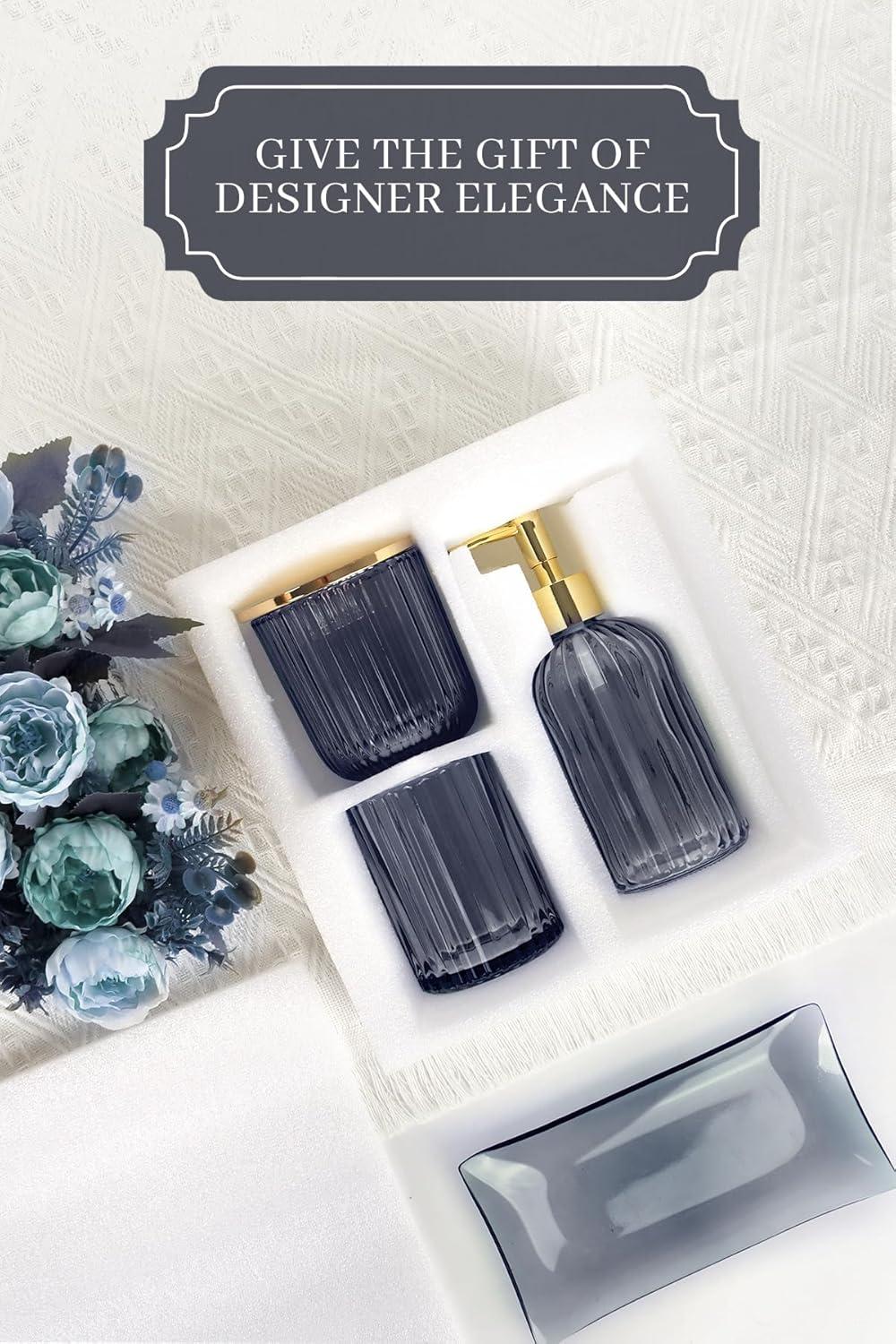 image:imageCeramic Bathroom Accessories Set 4 PcsIncludes Lotion Soap Dispenser Toothbrush Holder Vanity Tray and Tumbler Modern Bathroom Decor Organizer with Soap Dish Apothecary Jar Beige ColorGlass Blue