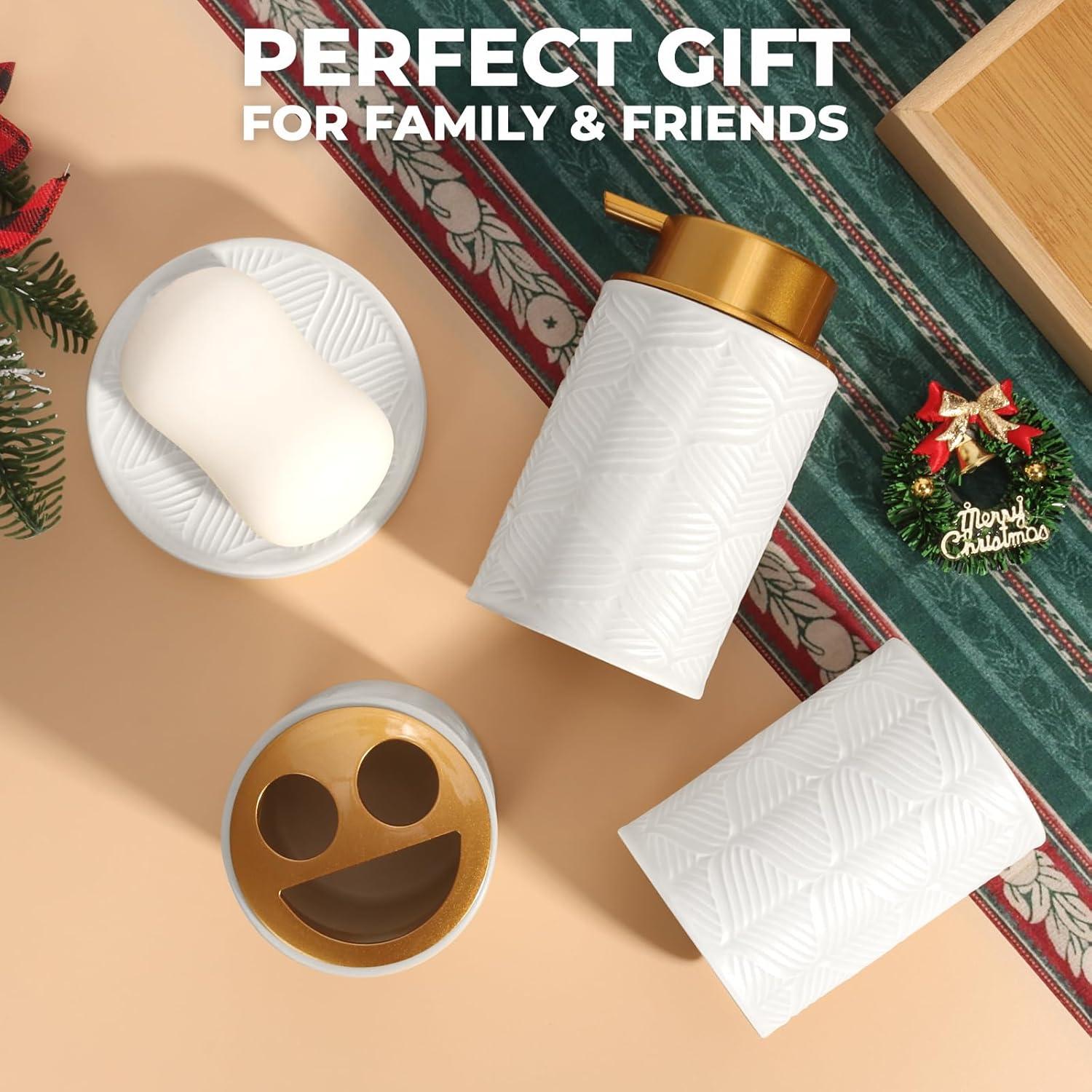 image:imageCeramic Bathroom Accessories Set 4 PcsIncludes Lotion Soap Dispenser Toothbrush Holder Vanity Tray and Tumbler Modern Bathroom Decor Organizer with Soap Dish Apothecary Jar Beige ColorCeramic White