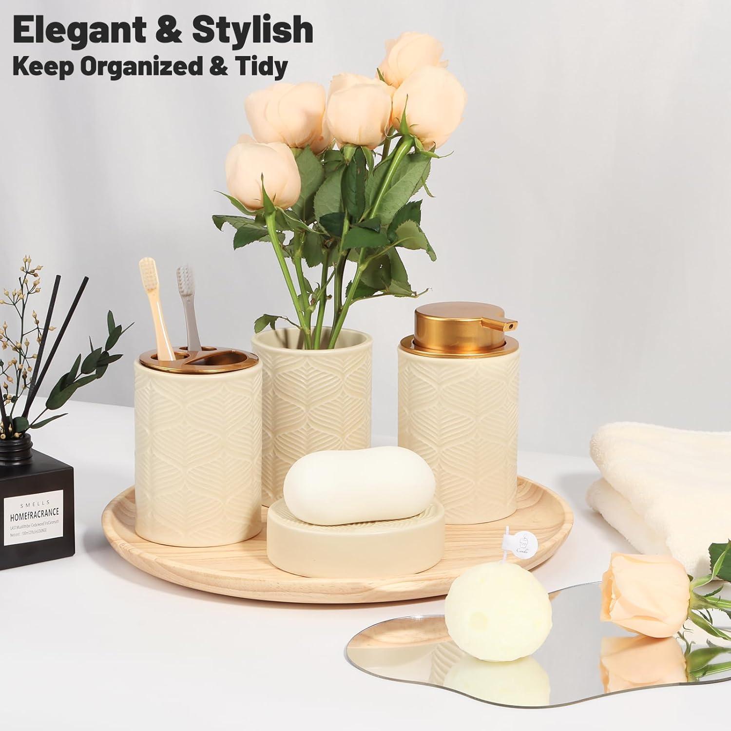 image:imageCeramic Bathroom Accessories Set 4 PcsIncludes Lotion Soap Dispenser Toothbrush Holder Vanity Tray and Tumbler Modern Bathroom Decor Organizer with Soap Dish Apothecary Jar Beige ColorCeramic Beige