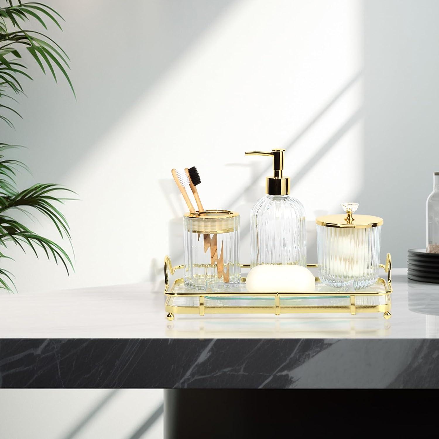 image:imageCeramic Bathroom Accessories Set 4 PcsIncludes Lotion Soap Dispenser Toothbrush Holder Vanity Tray and Tumbler Modern Bathroom Decor Organizer with Soap Dish Apothecary Jar Beige ColorGlass Clear