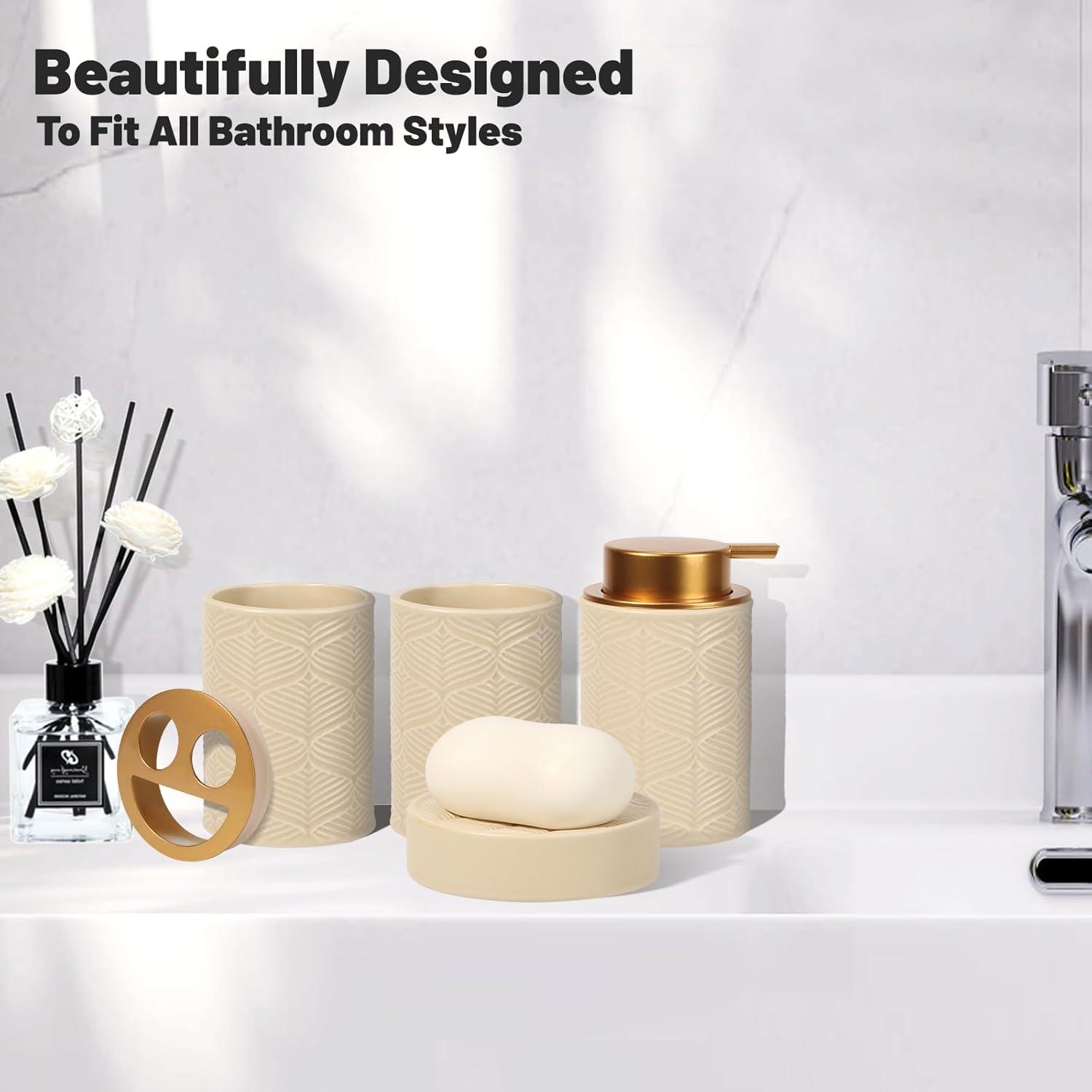 image:imageCeramic Bathroom Accessories Set 4 PcsIncludes Lotion Soap Dispenser Toothbrush Holder Vanity Tray and Tumbler Modern Bathroom Decor Organizer with Soap Dish Apothecary Jar Beige ColorCeramic Beige