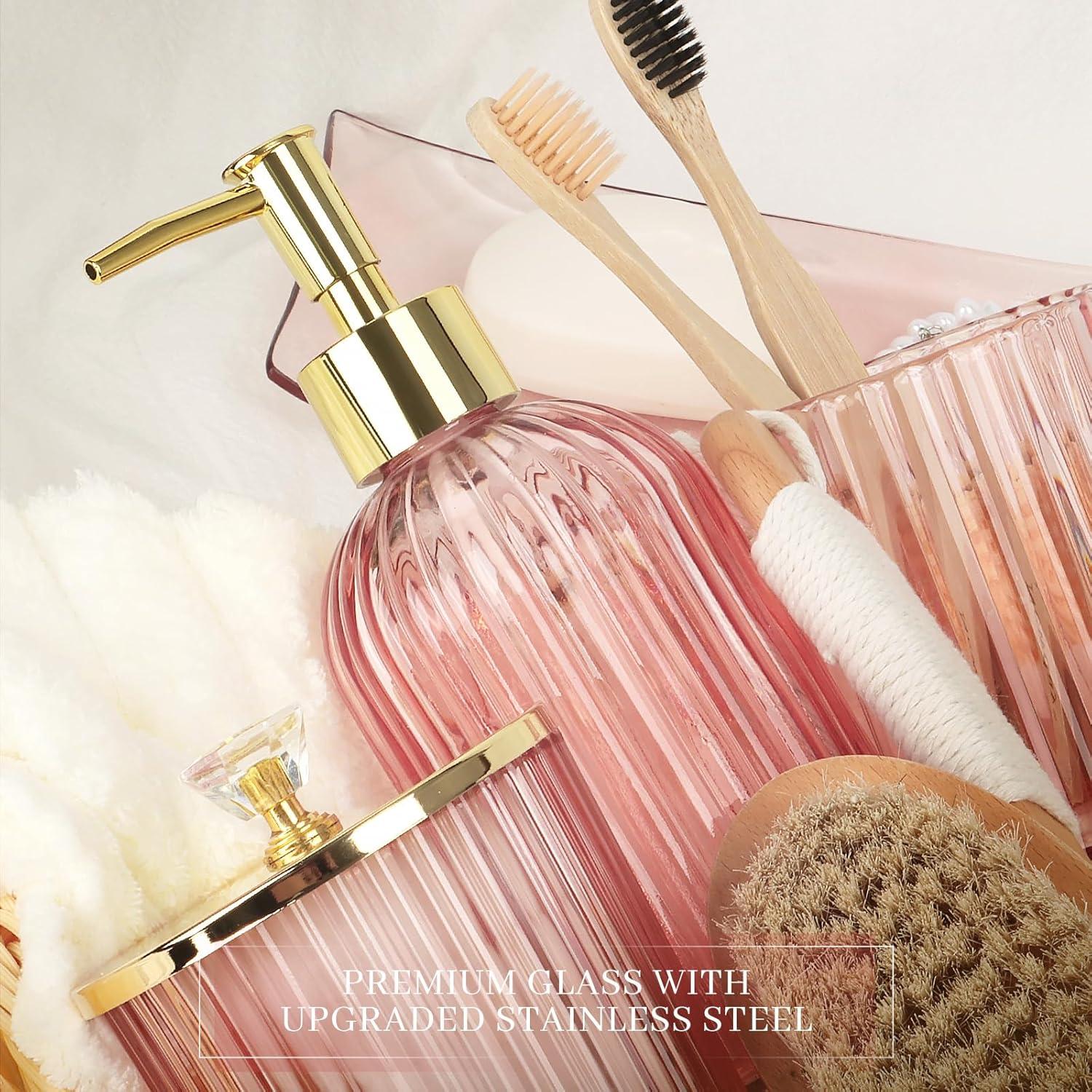 image:imageCeramic Bathroom Accessories Set 4 PcsIncludes Lotion Soap Dispenser Toothbrush Holder Vanity Tray and Tumbler Modern Bathroom Decor Organizer with Soap Dish Apothecary Jar Beige ColorGlass Pink