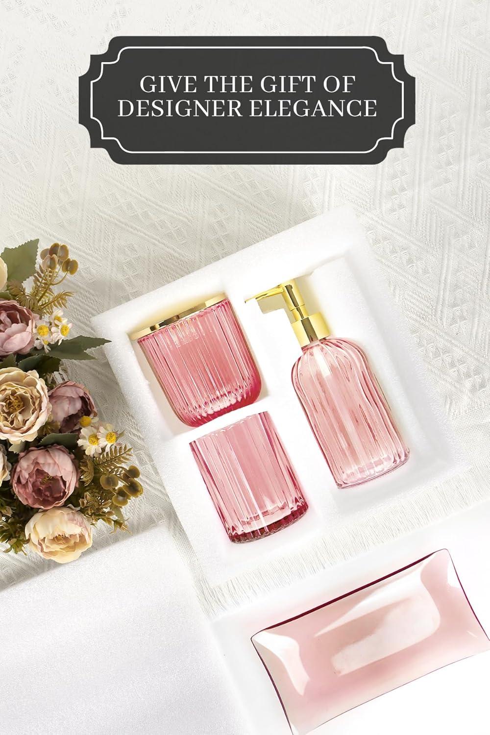 image:imageCeramic Bathroom Accessories Set 4 PcsIncludes Lotion Soap Dispenser Toothbrush Holder Vanity Tray and Tumbler Modern Bathroom Decor Organizer with Soap Dish Apothecary Jar Beige ColorGlass Pink