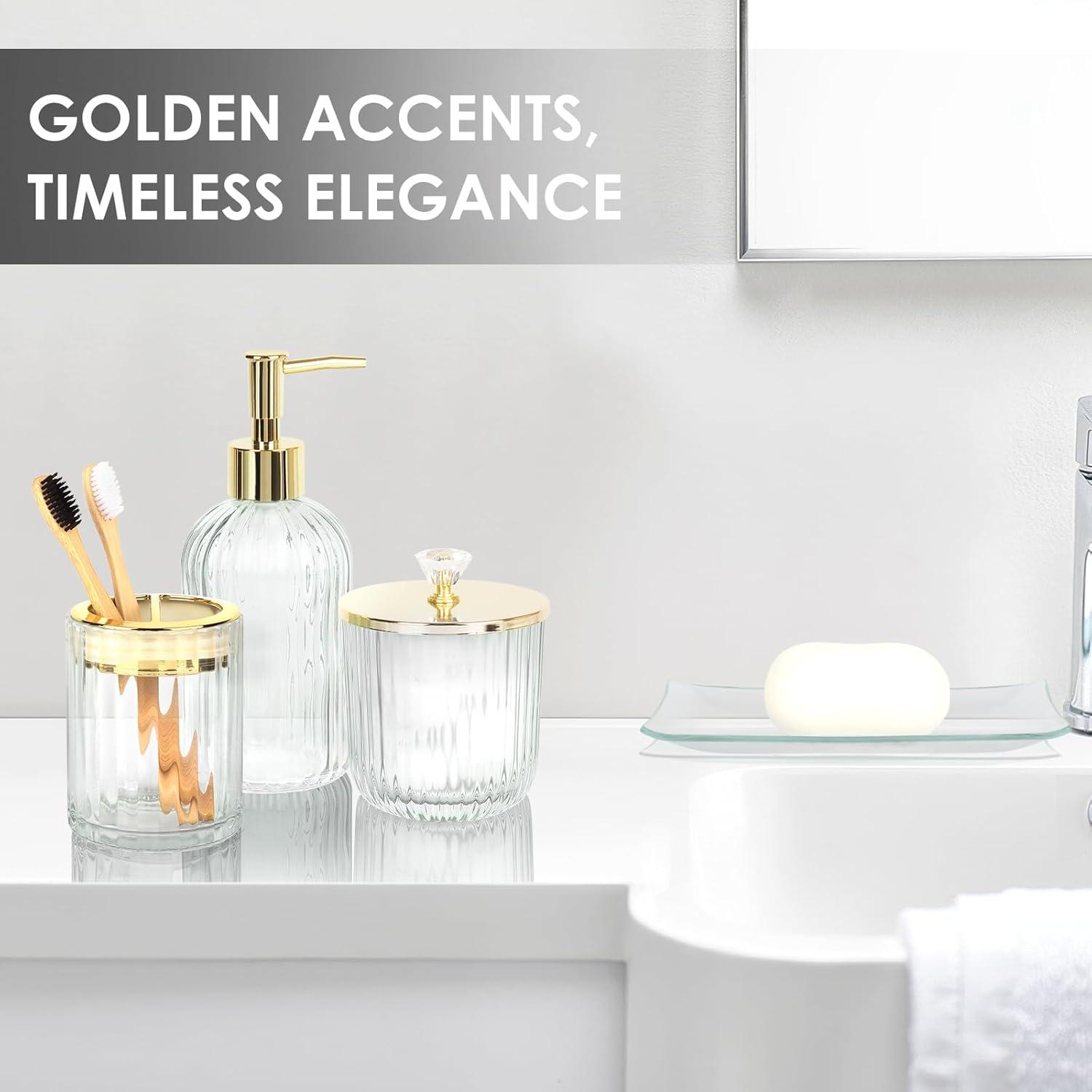 image:imageCeramic Bathroom Accessories Set 4 PcsIncludes Lotion Soap Dispenser Toothbrush Holder Vanity Tray and Tumbler Modern Bathroom Decor Organizer with Soap Dish Apothecary Jar Beige ColorGlass Clear