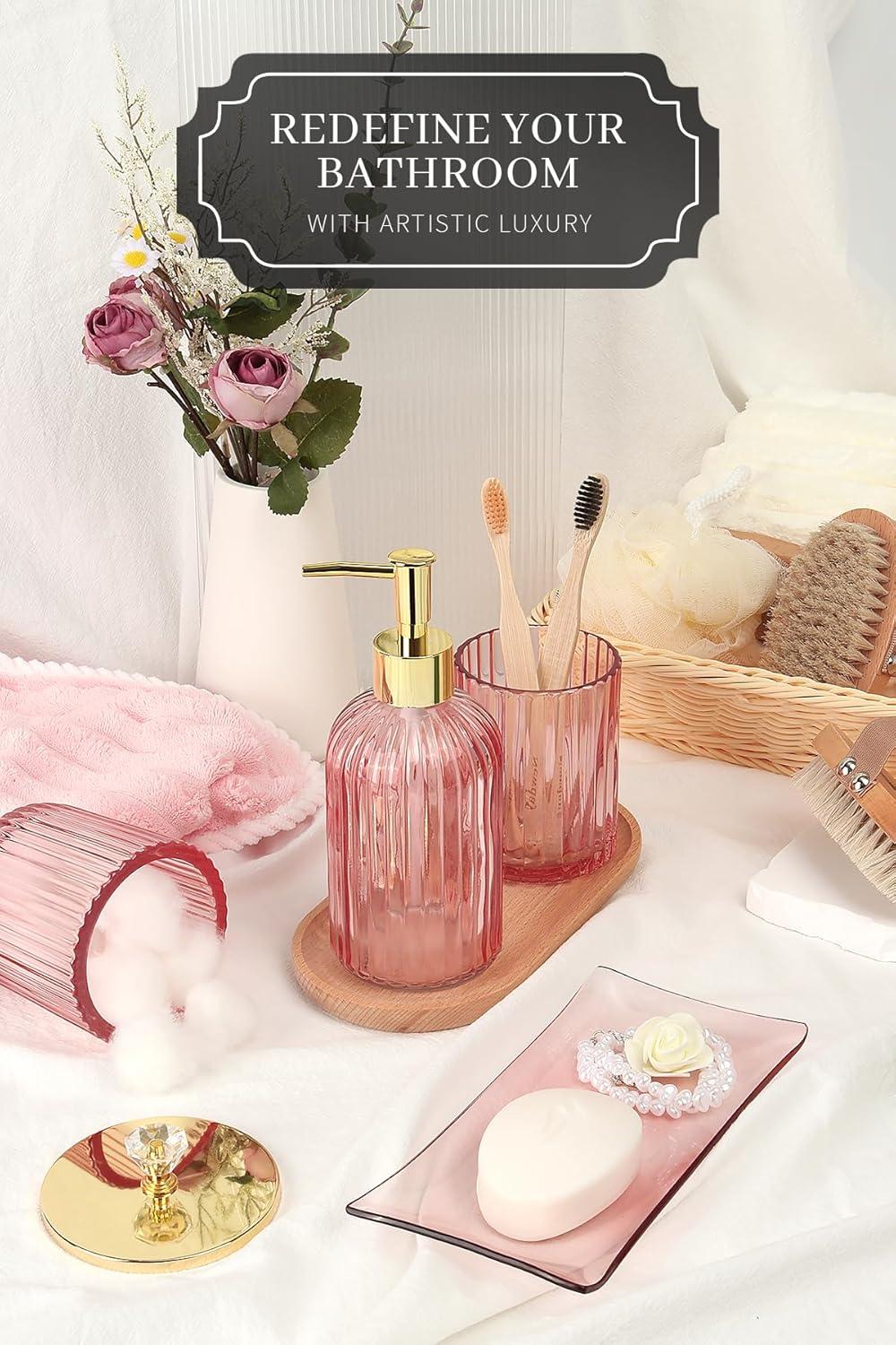 image:imageCeramic Bathroom Accessories Set 4 PcsIncludes Lotion Soap Dispenser Toothbrush Holder Vanity Tray and Tumbler Modern Bathroom Decor Organizer with Soap Dish Apothecary Jar Beige ColorGlass Pink
