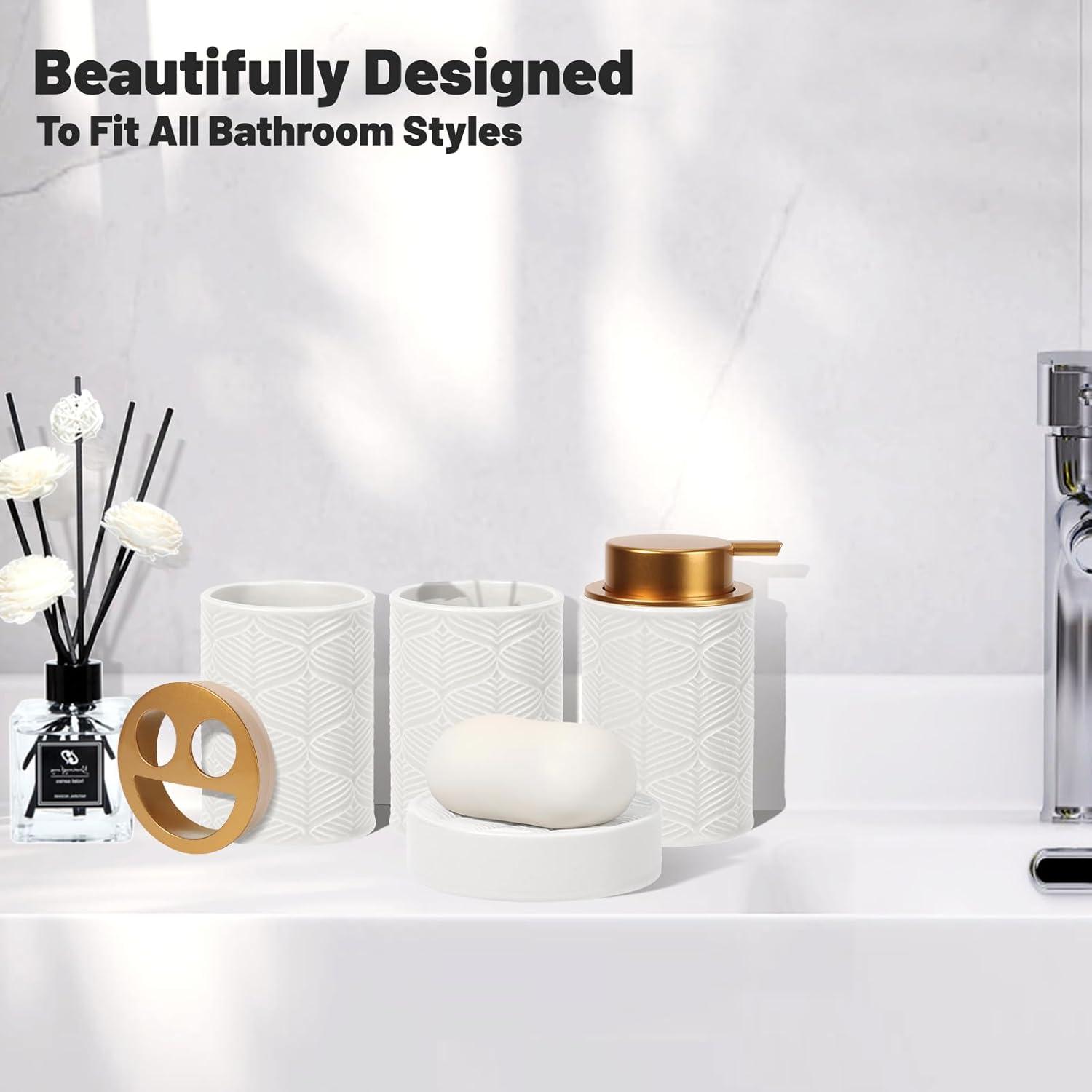 image:imageCeramic Bathroom Accessories Set 4 PcsIncludes Lotion Soap Dispenser Toothbrush Holder Vanity Tray and Tumbler Modern Bathroom Decor Organizer with Soap Dish Apothecary Jar Beige ColorCeramic White