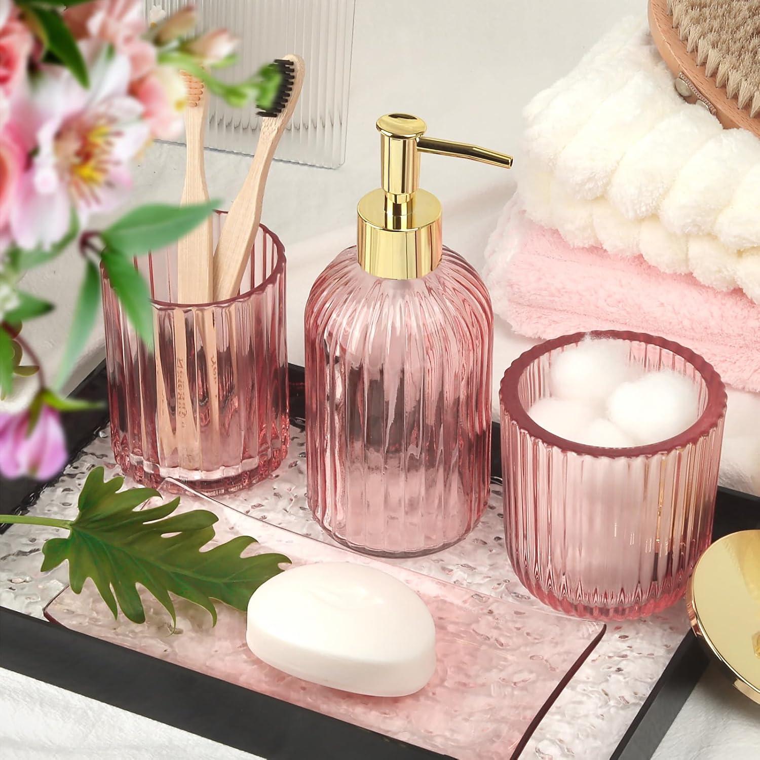 image:imageCeramic Bathroom Accessories Set 4 PcsIncludes Lotion Soap Dispenser Toothbrush Holder Vanity Tray and Tumbler Modern Bathroom Decor Organizer with Soap Dish Apothecary Jar Beige ColorGlass Pink
