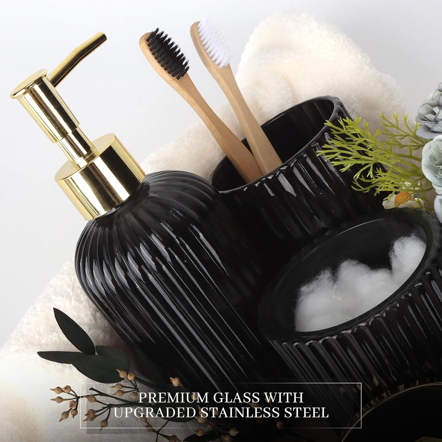 image:imageCeramic Bathroom Accessories Set 4 PcsIncludes Lotion Soap Dispenser Toothbrush Holder Vanity Tray and Tumbler Modern Bathroom Decor Organizer with Soap Dish Apothecary Jar Beige ColorGlass Black