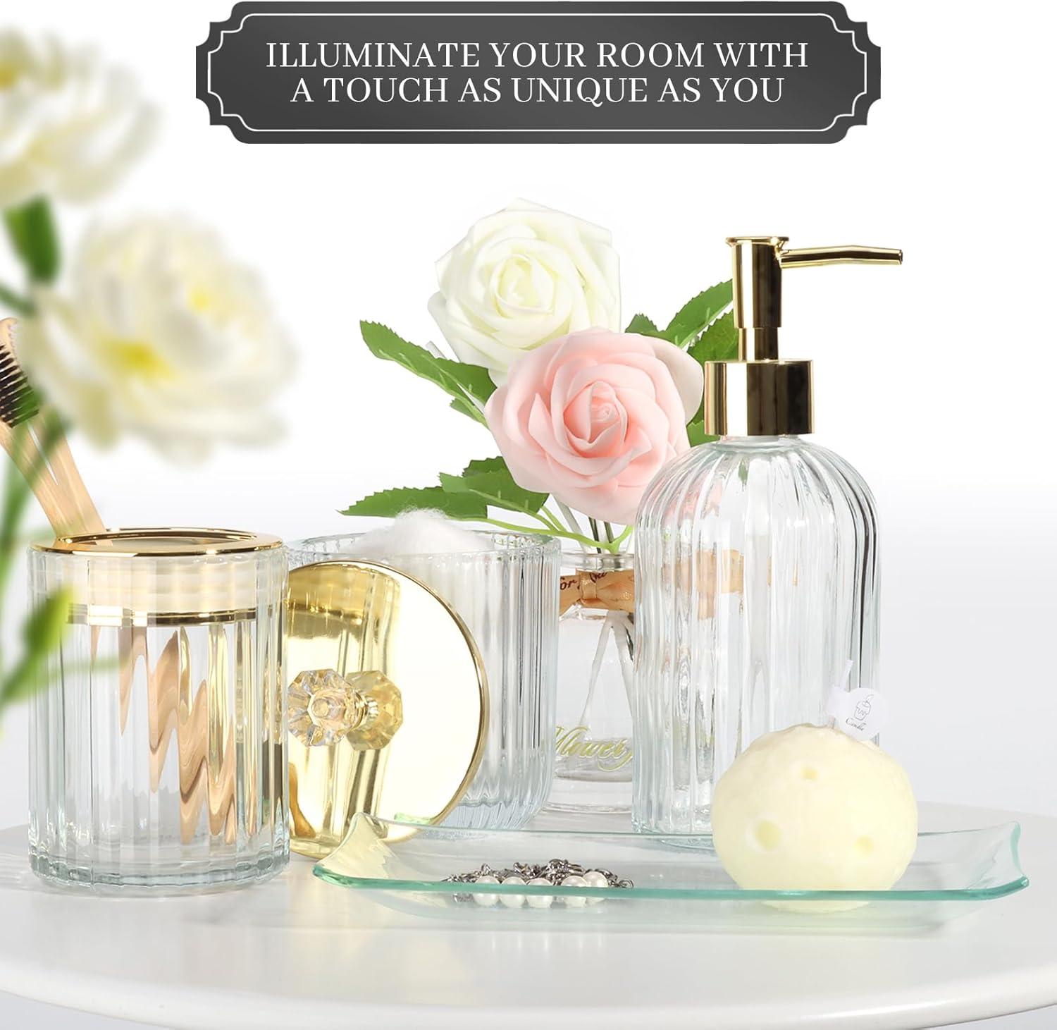 image:imageCeramic Bathroom Accessories Set 4 PcsIncludes Lotion Soap Dispenser Toothbrush Holder Vanity Tray and Tumbler Modern Bathroom Decor Organizer with Soap Dish Apothecary Jar Beige ColorGlass Clear