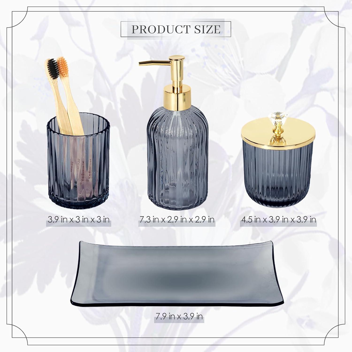 image:imageCeramic Bathroom Accessories Set 4 PcsIncludes Lotion Soap Dispenser Toothbrush Holder Vanity Tray and Tumbler Modern Bathroom Decor Organizer with Soap Dish Apothecary Jar Beige ColorGlass Blue
