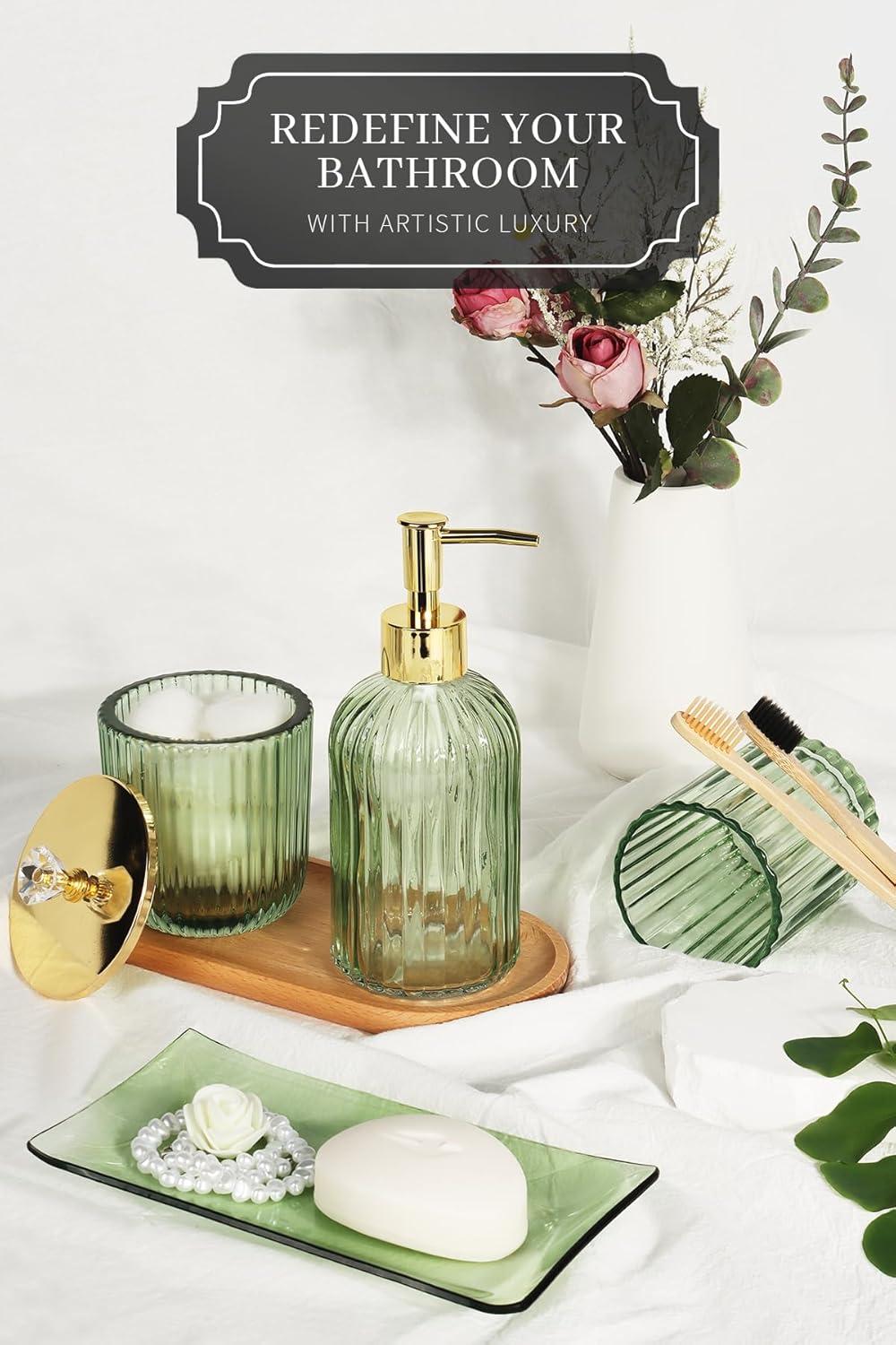 image:imageCeramic Bathroom Accessories Set 4 PcsIncludes Lotion Soap Dispenser Toothbrush Holder Vanity Tray and Tumbler Modern Bathroom Decor Organizer with Soap Dish Apothecary Jar Beige ColorGlass Green