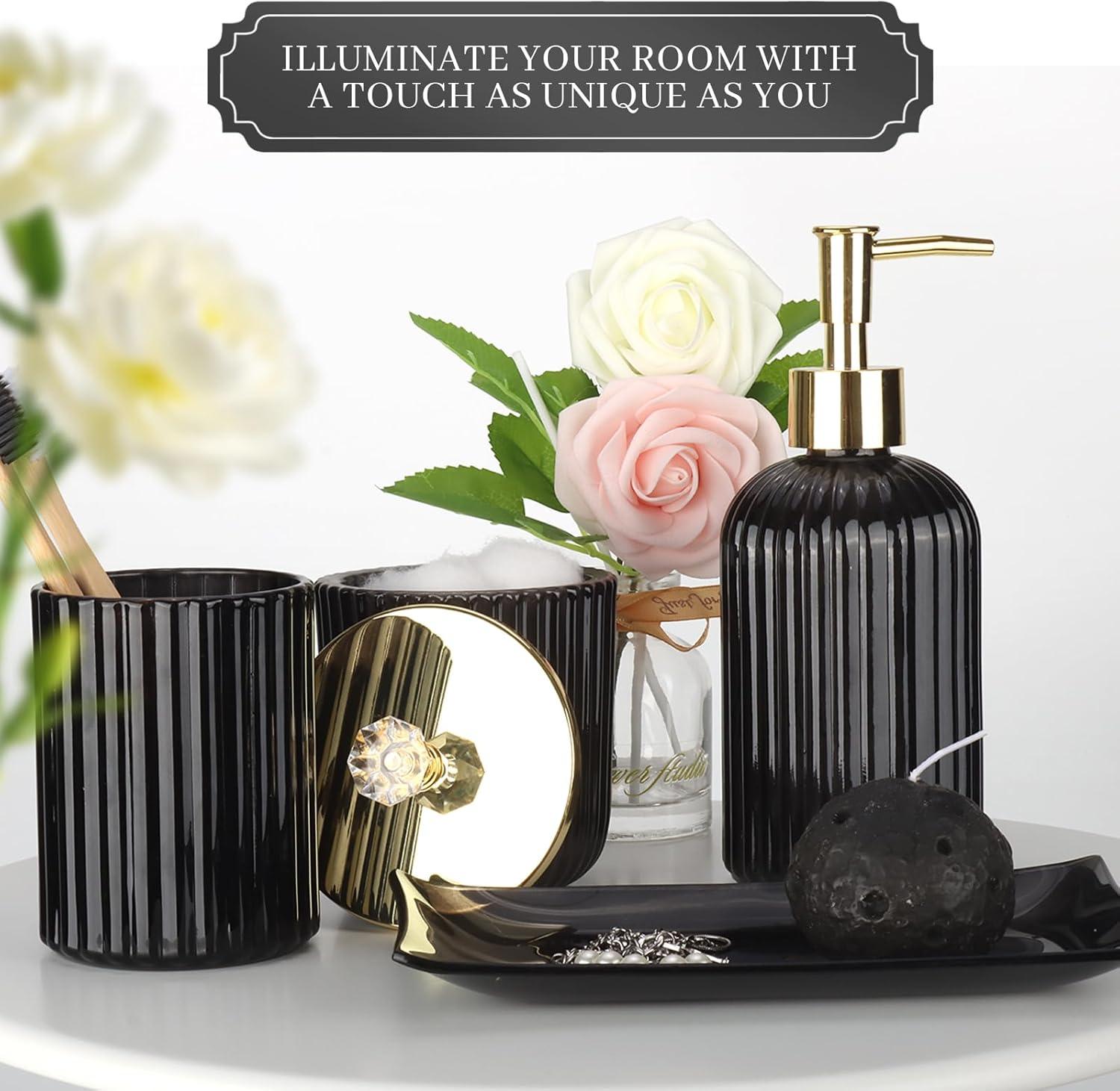 image:imageCeramic Bathroom Accessories Set 4 PcsIncludes Lotion Soap Dispenser Toothbrush Holder Vanity Tray and Tumbler Modern Bathroom Decor Organizer with Soap Dish Apothecary Jar Beige ColorGlass Black