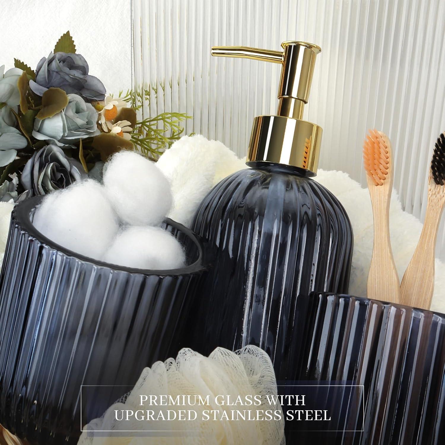 image:imageCeramic Bathroom Accessories Set 4 PcsIncludes Lotion Soap Dispenser Toothbrush Holder Vanity Tray and Tumbler Modern Bathroom Decor Organizer with Soap Dish Apothecary Jar Beige ColorGlass Blue
