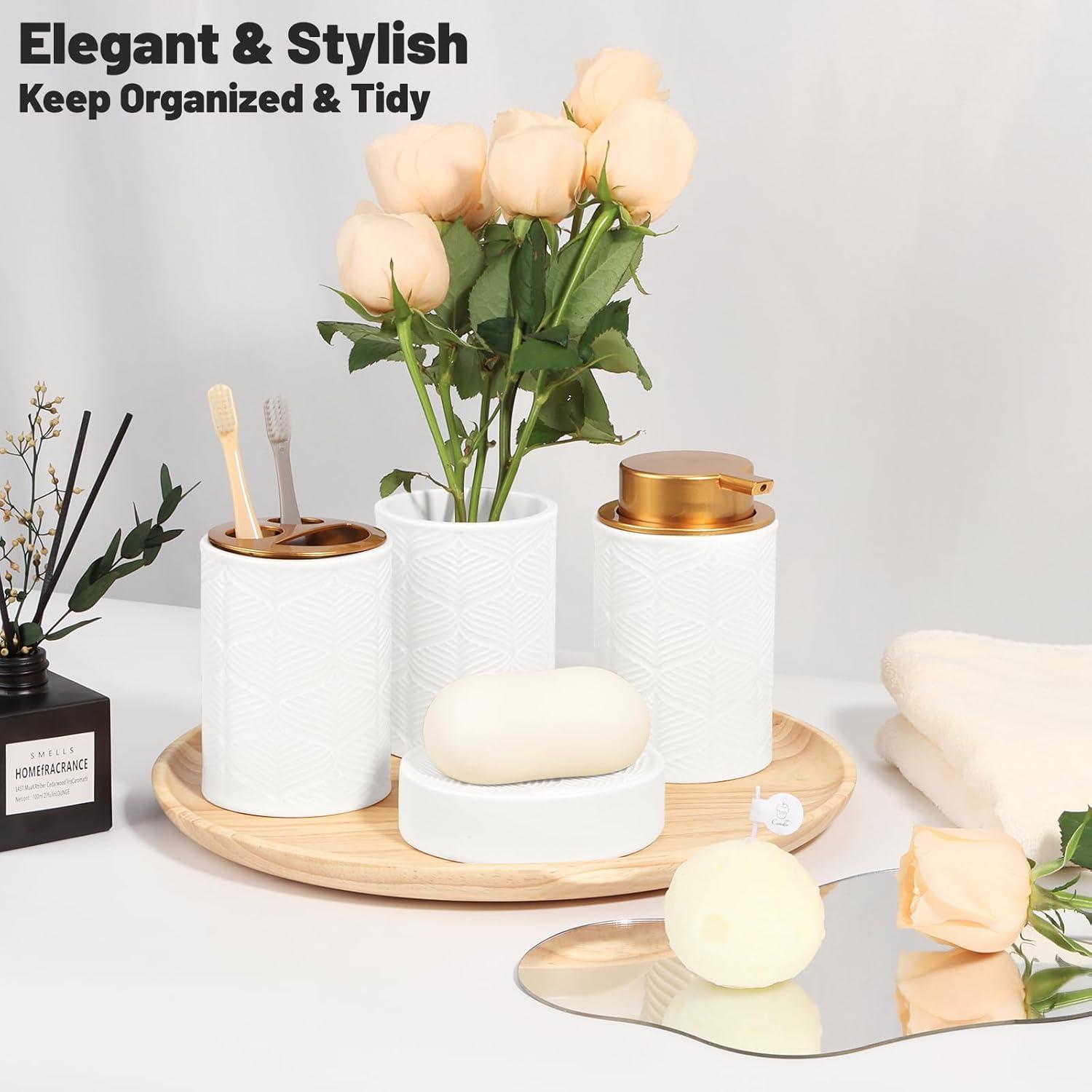 image:imageCeramic Bathroom Accessories Set 4 PcsIncludes Lotion Soap Dispenser Toothbrush Holder Vanity Tray and Tumbler Modern Bathroom Decor Organizer with Soap Dish Apothecary Jar Beige ColorCeramic White