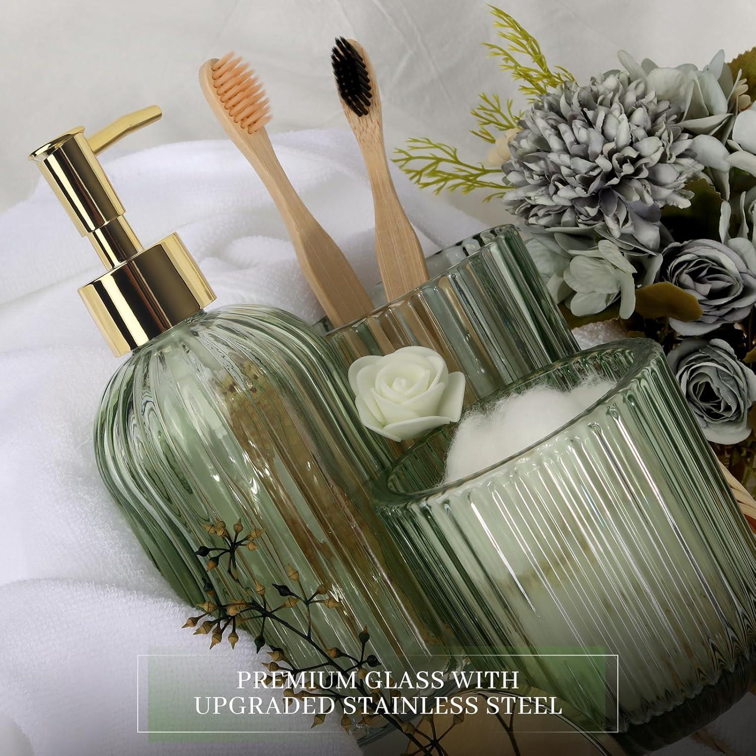 image:imageCeramic Bathroom Accessories Set 4 PcsIncludes Lotion Soap Dispenser Toothbrush Holder Vanity Tray and Tumbler Modern Bathroom Decor Organizer with Soap Dish Apothecary Jar Beige ColorGlass Green