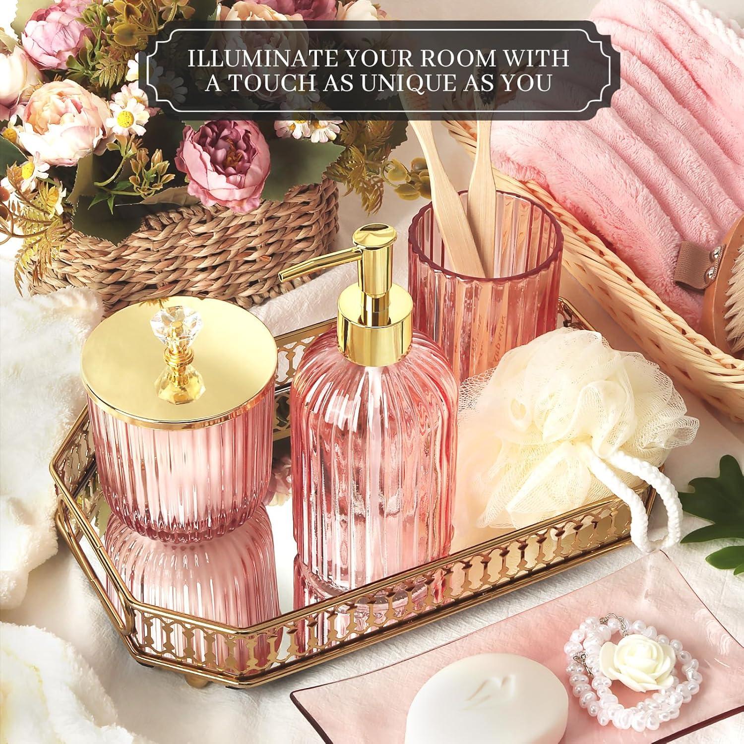 image:imageCeramic Bathroom Accessories Set 4 PcsIncludes Lotion Soap Dispenser Toothbrush Holder Vanity Tray and Tumbler Modern Bathroom Decor Organizer with Soap Dish Apothecary Jar Beige ColorGlass Pink