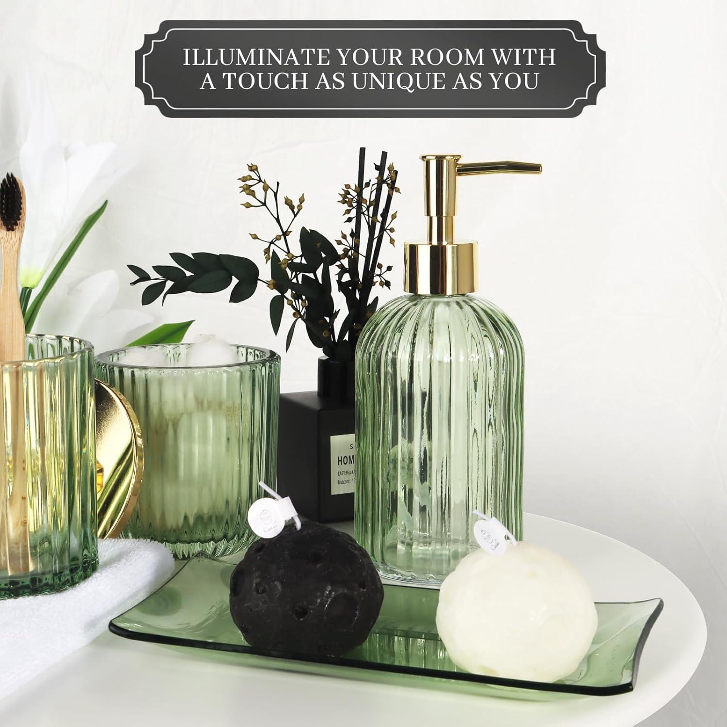 image:imageCeramic Bathroom Accessories Set 4 PcsIncludes Lotion Soap Dispenser Toothbrush Holder Vanity Tray and Tumbler Modern Bathroom Decor Organizer with Soap Dish Apothecary Jar Beige ColorGlass Green