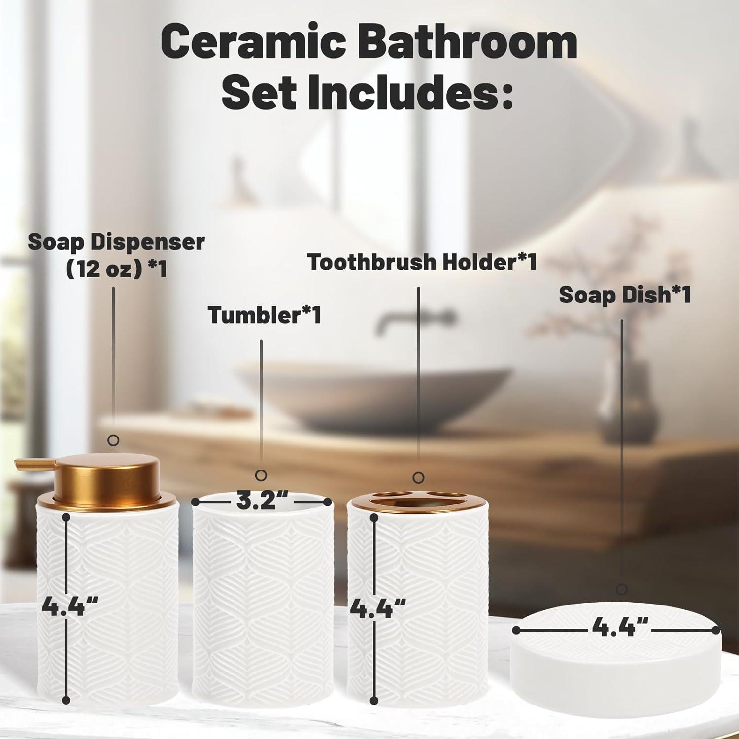 image:imageCeramic Bathroom Accessories Set 4 PcsIncludes Lotion Soap Dispenser Toothbrush Holder Vanity Tray and Tumbler Modern Bathroom Decor Organizer with Soap Dish Apothecary Jar Beige ColorCeramic White