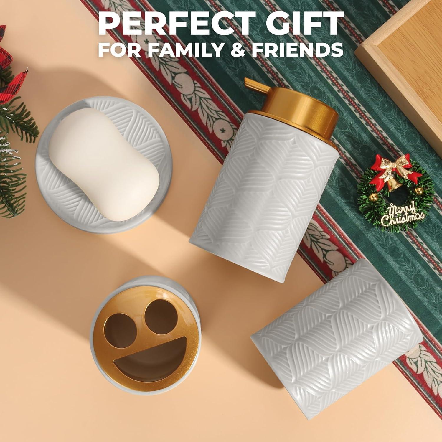 image:imageCeramic Bathroom Accessories Set 4 PcsIncludes Lotion Soap Dispenser Toothbrush Holder Vanity Tray and Tumbler Modern Bathroom Decor Organizer with Soap Dish Apothecary Jar Beige ColorCeramic Grey