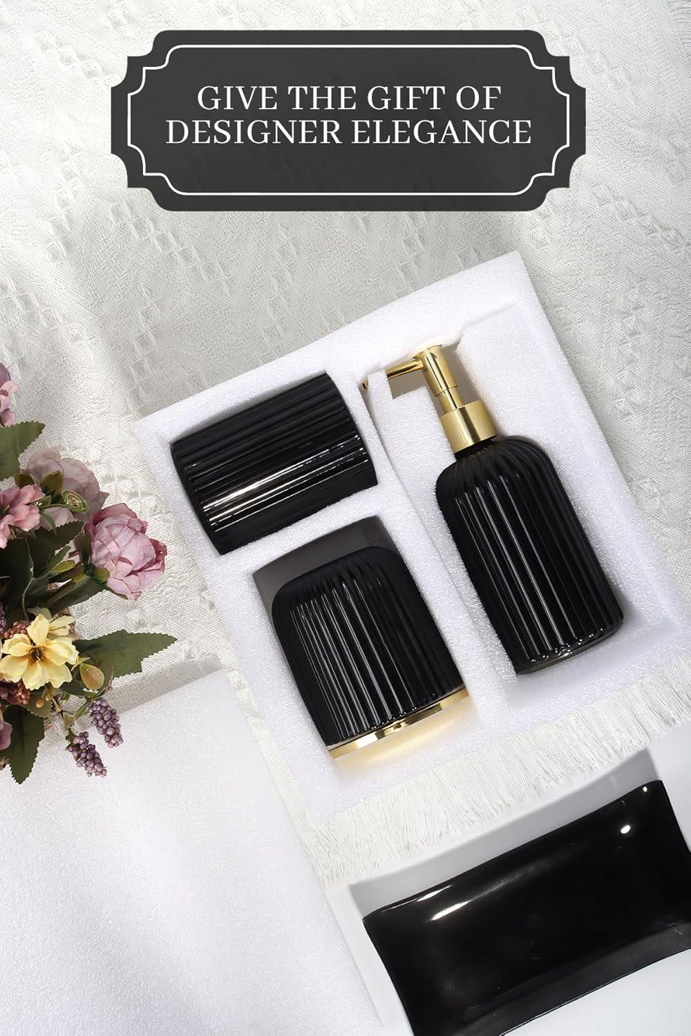 image:imageCeramic Bathroom Accessories Set 4 PcsIncludes Lotion Soap Dispenser Toothbrush Holder Vanity Tray and Tumbler Modern Bathroom Decor Organizer with Soap Dish Apothecary Jar Beige ColorGlass Black