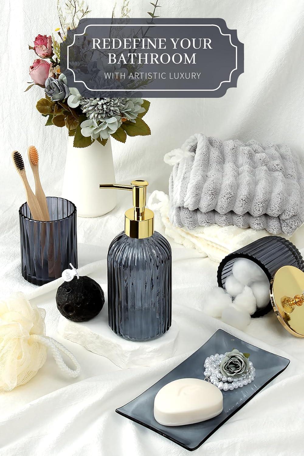image:imageCeramic Bathroom Accessories Set 4 PcsIncludes Lotion Soap Dispenser Toothbrush Holder Vanity Tray and Tumbler Modern Bathroom Decor Organizer with Soap Dish Apothecary Jar Beige ColorGlass Blue