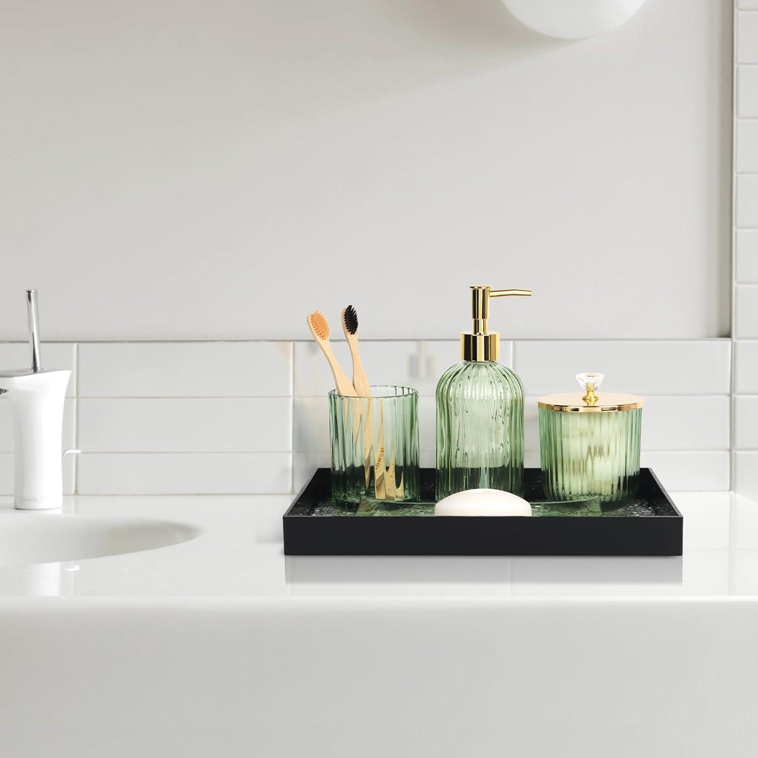 image:imageCeramic Bathroom Accessories Set 4 PcsIncludes Lotion Soap Dispenser Toothbrush Holder Vanity Tray and Tumbler Modern Bathroom Decor Organizer with Soap Dish Apothecary Jar Beige ColorGlass Green