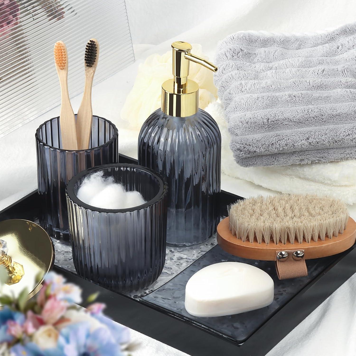 image:imageCeramic Bathroom Accessories Set 4 PcsIncludes Lotion Soap Dispenser Toothbrush Holder Vanity Tray and Tumbler Modern Bathroom Decor Organizer with Soap Dish Apothecary Jar Beige ColorGlass Blue