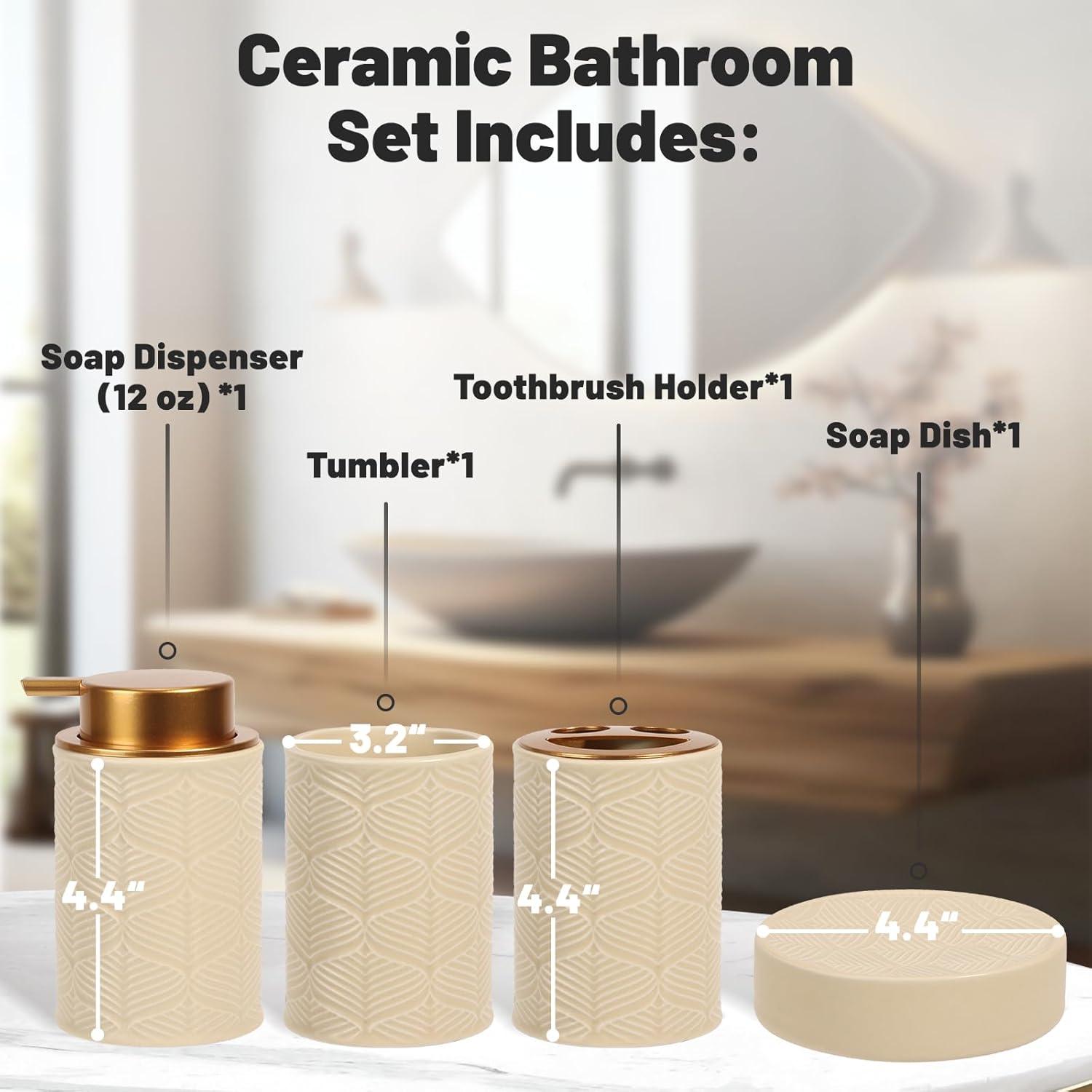 image:imageCeramic Bathroom Accessories Set 4 PcsIncludes Lotion Soap Dispenser Toothbrush Holder Vanity Tray and Tumbler Modern Bathroom Decor Organizer with Soap Dish Apothecary Jar Beige ColorCeramic Beige
