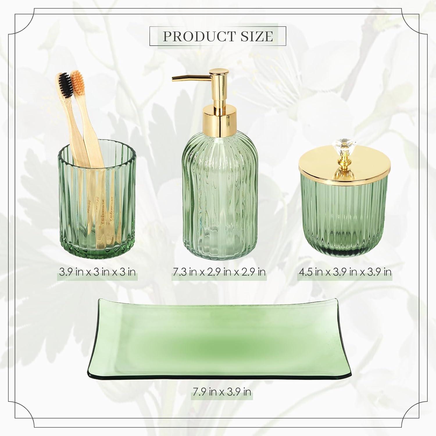 image:imageCeramic Bathroom Accessories Set 4 PcsIncludes Lotion Soap Dispenser Toothbrush Holder Vanity Tray and Tumbler Modern Bathroom Decor Organizer with Soap Dish Apothecary Jar Beige ColorGlass Green