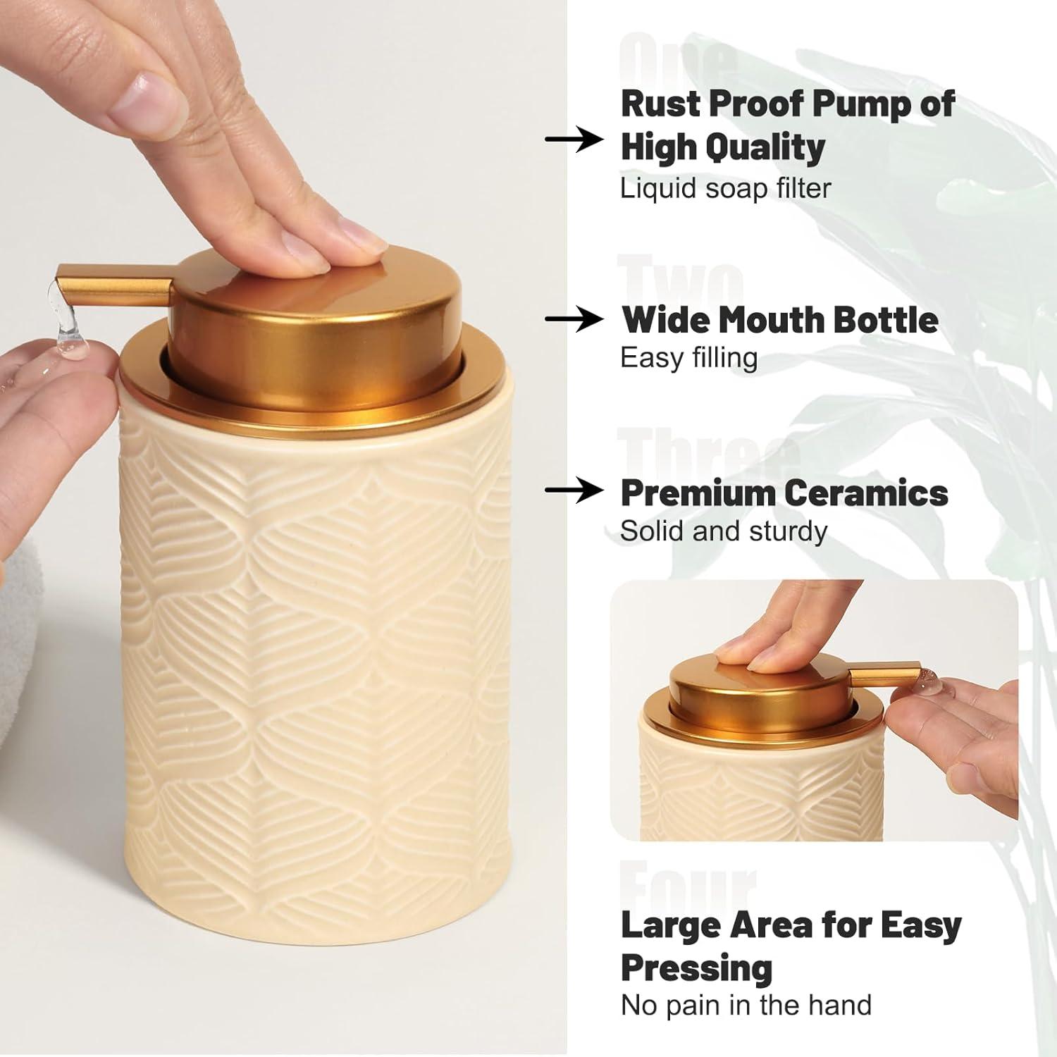 image:imageCeramic Bathroom Accessories Set 4 PcsIncludes Lotion Soap Dispenser Toothbrush Holder Vanity Tray and Tumbler Modern Bathroom Decor Organizer with Soap Dish Apothecary Jar Beige ColorCeramic Beige