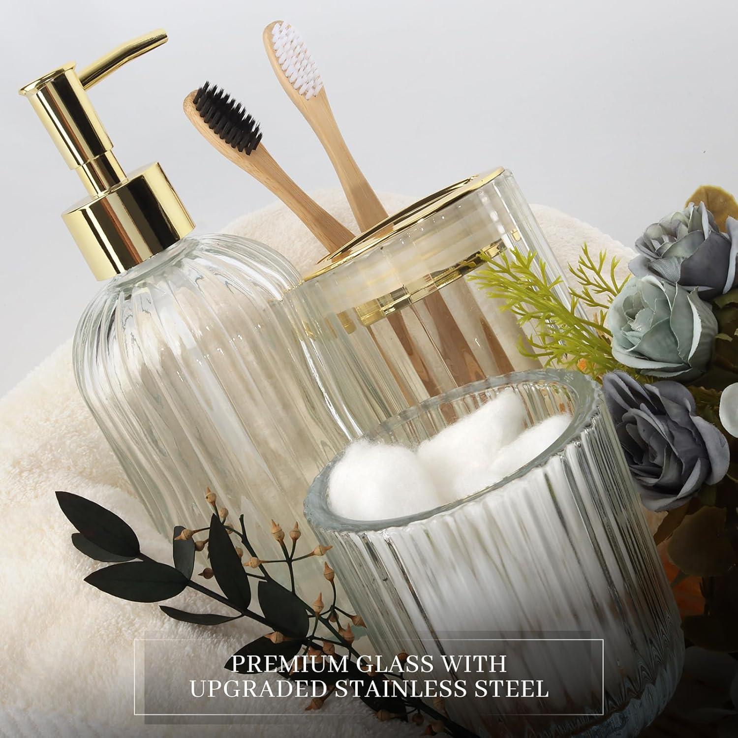 image:imageCeramic Bathroom Accessories Set 4 PcsIncludes Lotion Soap Dispenser Toothbrush Holder Vanity Tray and Tumbler Modern Bathroom Decor Organizer with Soap Dish Apothecary Jar Beige ColorGlass Clear