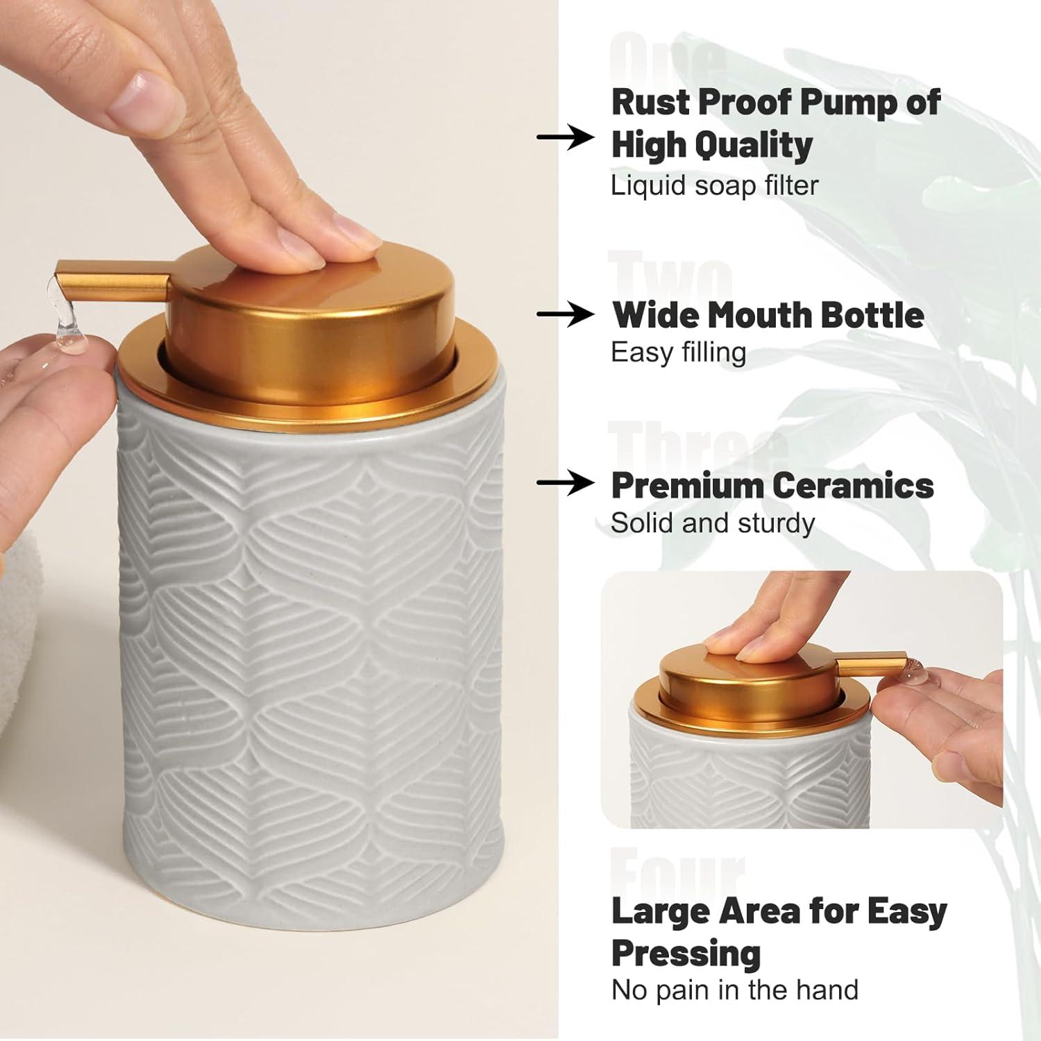 image:imageCeramic Bathroom Accessories Set 4 PcsIncludes Lotion Soap Dispenser Toothbrush Holder Vanity Tray and Tumbler Modern Bathroom Decor Organizer with Soap Dish Apothecary Jar Beige ColorCeramic Grey