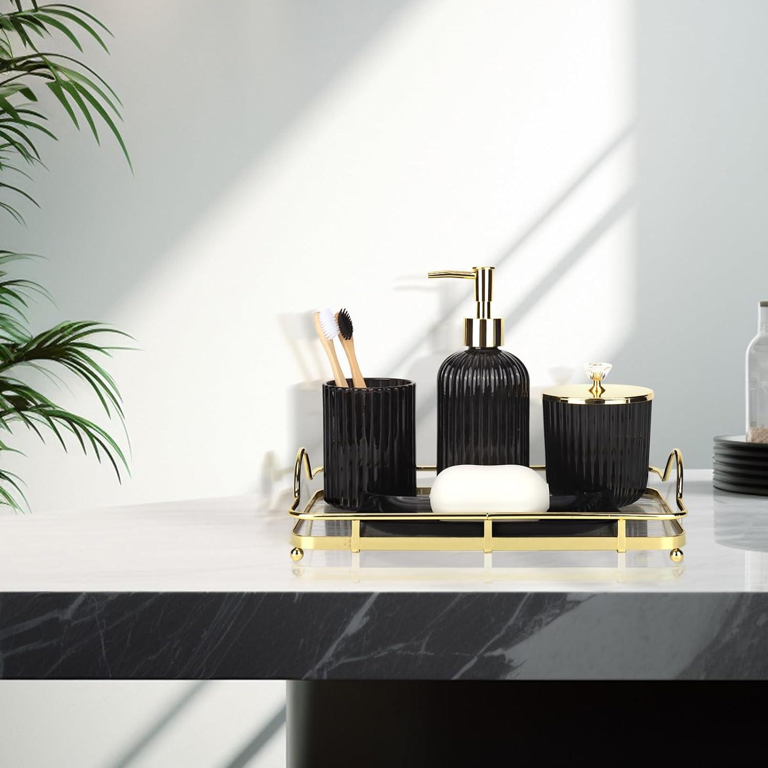 image:imageCeramic Bathroom Accessories Set 4 PcsIncludes Lotion Soap Dispenser Toothbrush Holder Vanity Tray and Tumbler Modern Bathroom Decor Organizer with Soap Dish Apothecary Jar Beige ColorGlass Black