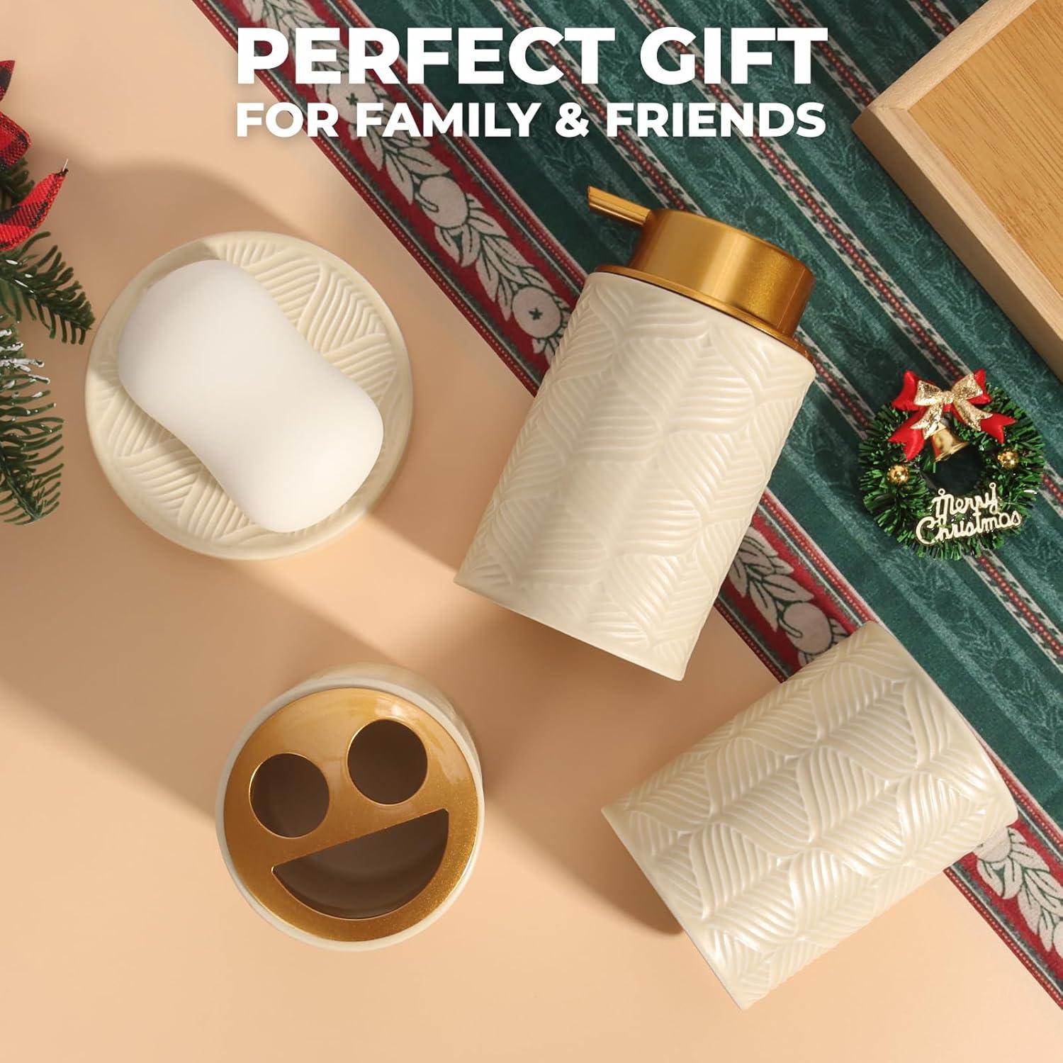image:imageCeramic Bathroom Accessories Set 4 PcsIncludes Lotion Soap Dispenser Toothbrush Holder Vanity Tray and Tumbler Modern Bathroom Decor Organizer with Soap Dish Apothecary Jar Beige ColorCeramic Beige