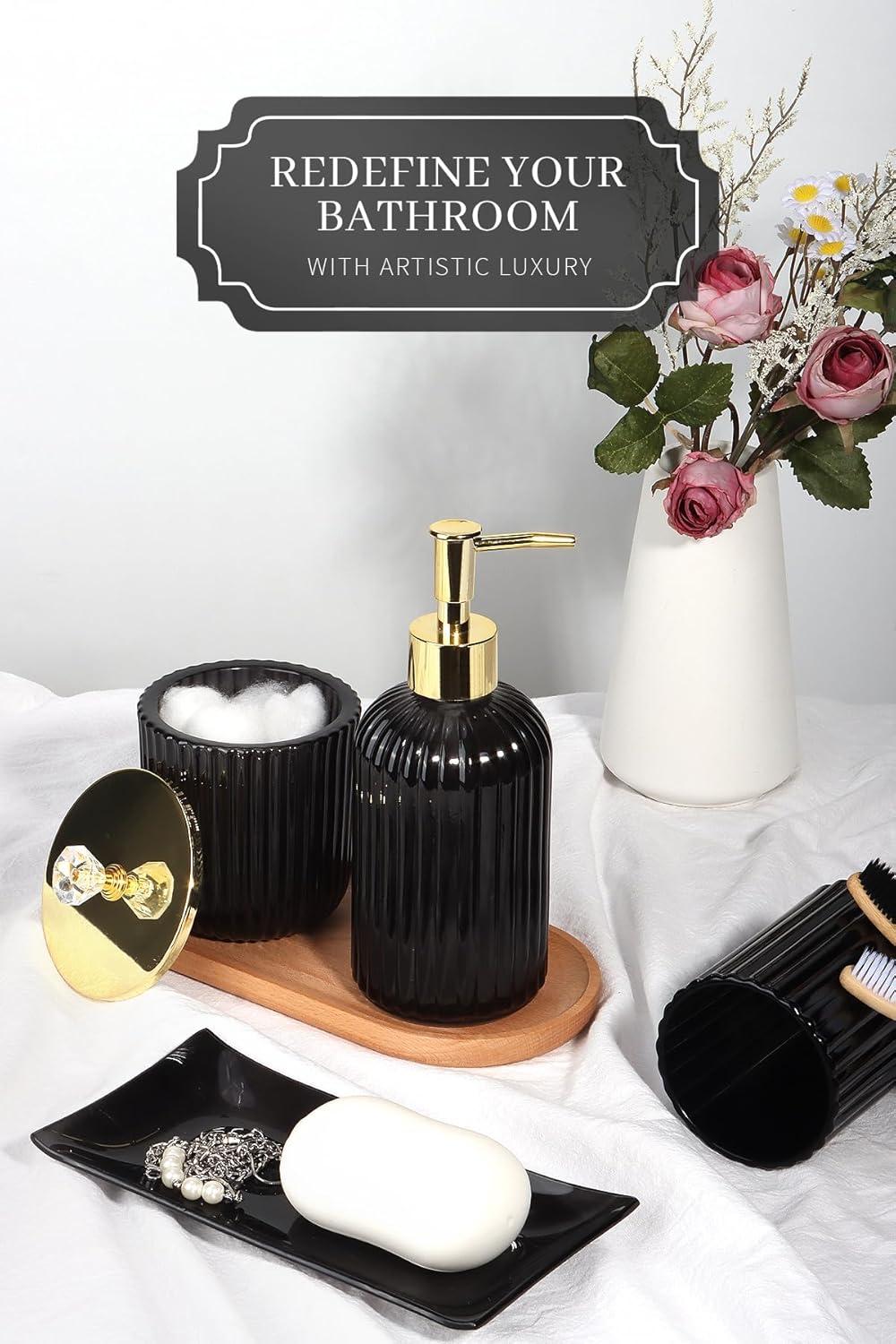 image:imageCeramic Bathroom Accessories Set 4 PcsIncludes Lotion Soap Dispenser Toothbrush Holder Vanity Tray and Tumbler Modern Bathroom Decor Organizer with Soap Dish Apothecary Jar Beige ColorGlass Black