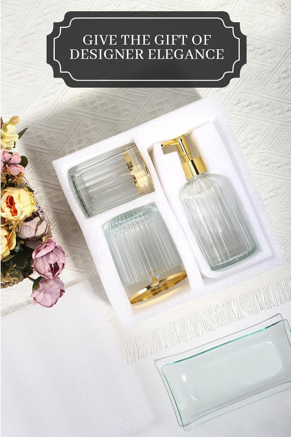 image:imageCeramic Bathroom Accessories Set 4 PcsIncludes Lotion Soap Dispenser Toothbrush Holder Vanity Tray and Tumbler Modern Bathroom Decor Organizer with Soap Dish Apothecary Jar Beige ColorGlass Clear