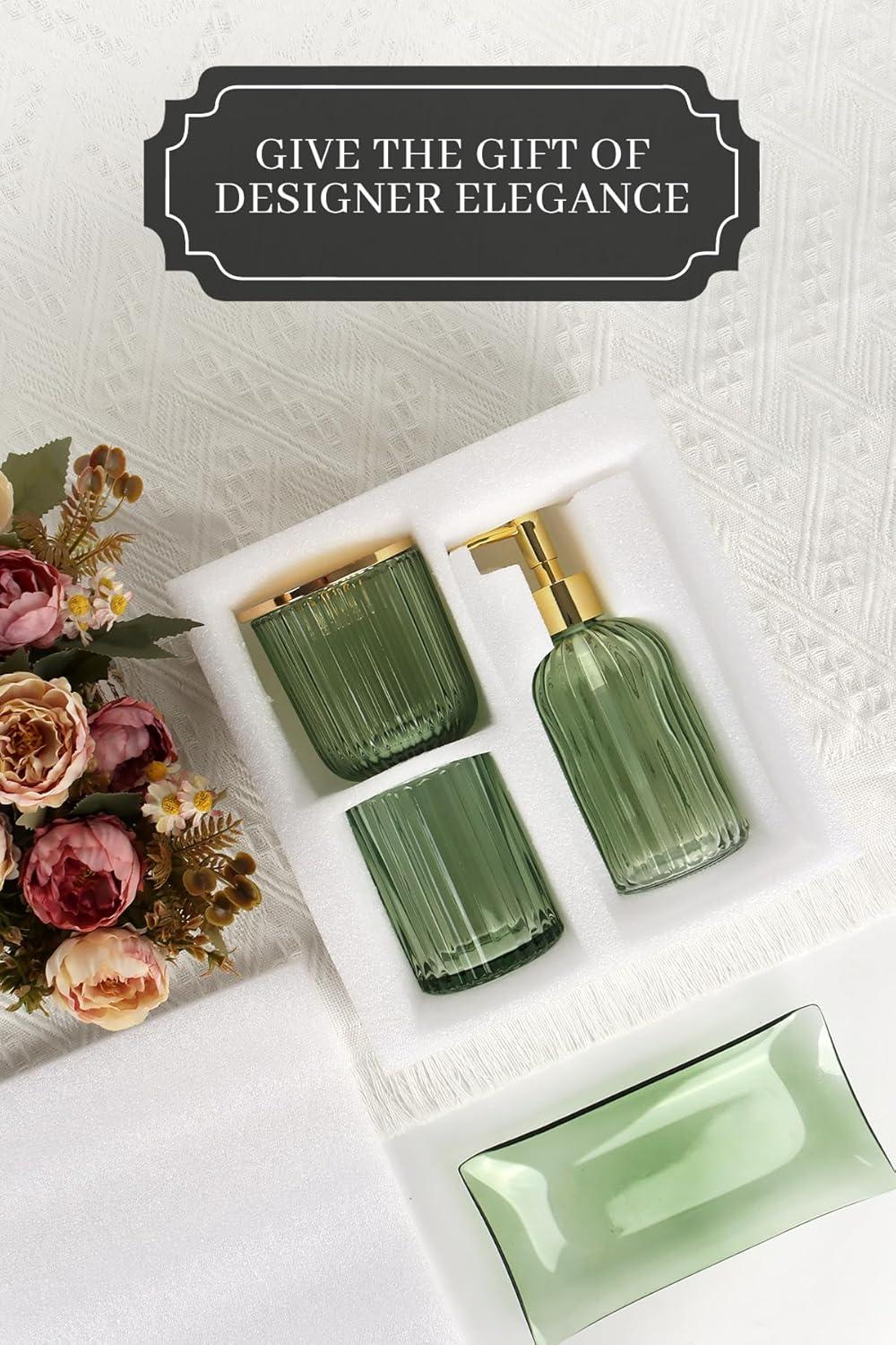 image:imageCeramic Bathroom Accessories Set 4 PcsIncludes Lotion Soap Dispenser Toothbrush Holder Vanity Tray and Tumbler Modern Bathroom Decor Organizer with Soap Dish Apothecary Jar Beige ColorGlass Green