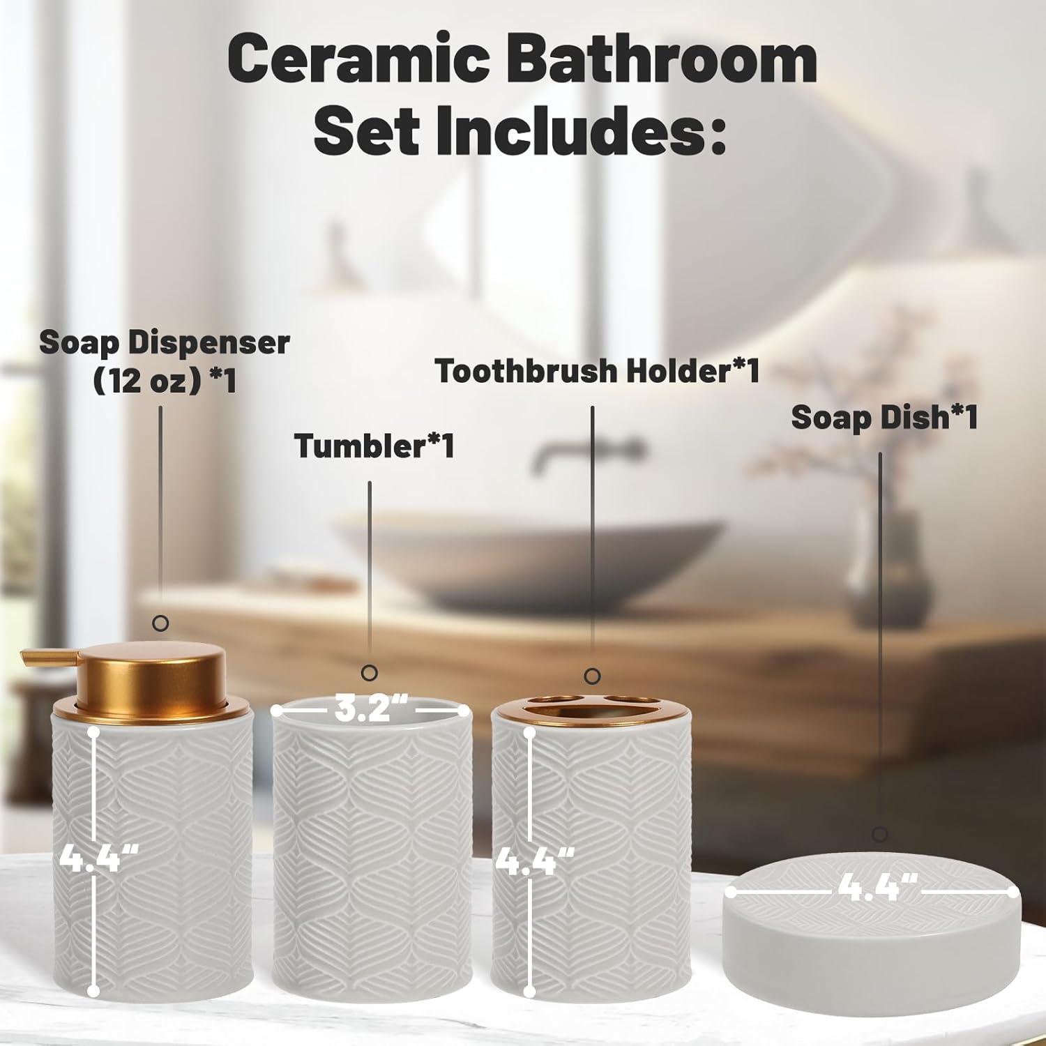image:imageCeramic Bathroom Accessories Set 4 PcsIncludes Lotion Soap Dispenser Toothbrush Holder Vanity Tray and Tumbler Modern Bathroom Decor Organizer with Soap Dish Apothecary Jar Beige ColorCeramic Grey