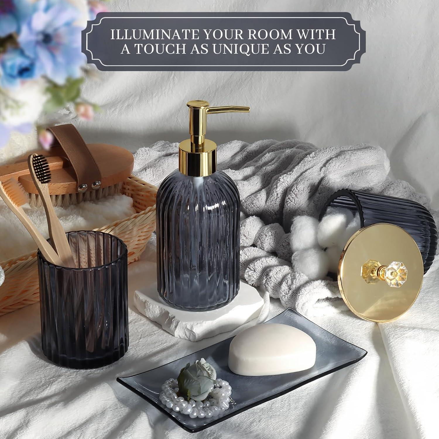 image:imageCeramic Bathroom Accessories Set 4 PcsIncludes Lotion Soap Dispenser Toothbrush Holder Vanity Tray and Tumbler Modern Bathroom Decor Organizer with Soap Dish Apothecary Jar Beige ColorGlass Blue