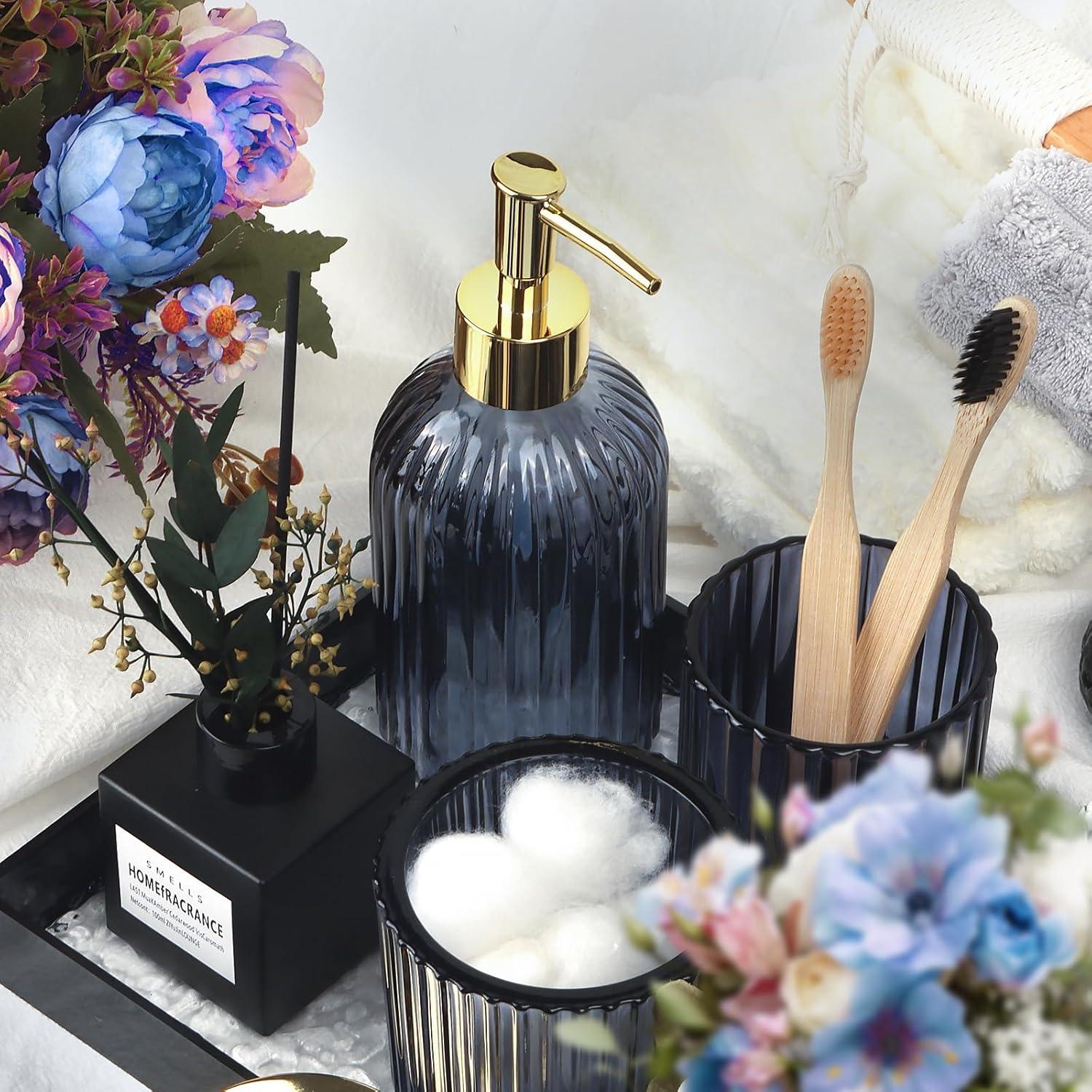 image:imageCeramic Bathroom Accessories Set 4 PcsIncludes Lotion Soap Dispenser Toothbrush Holder Vanity Tray and Tumbler Modern Bathroom Decor Organizer with Soap Dish Apothecary Jar Beige ColorGlass Blue