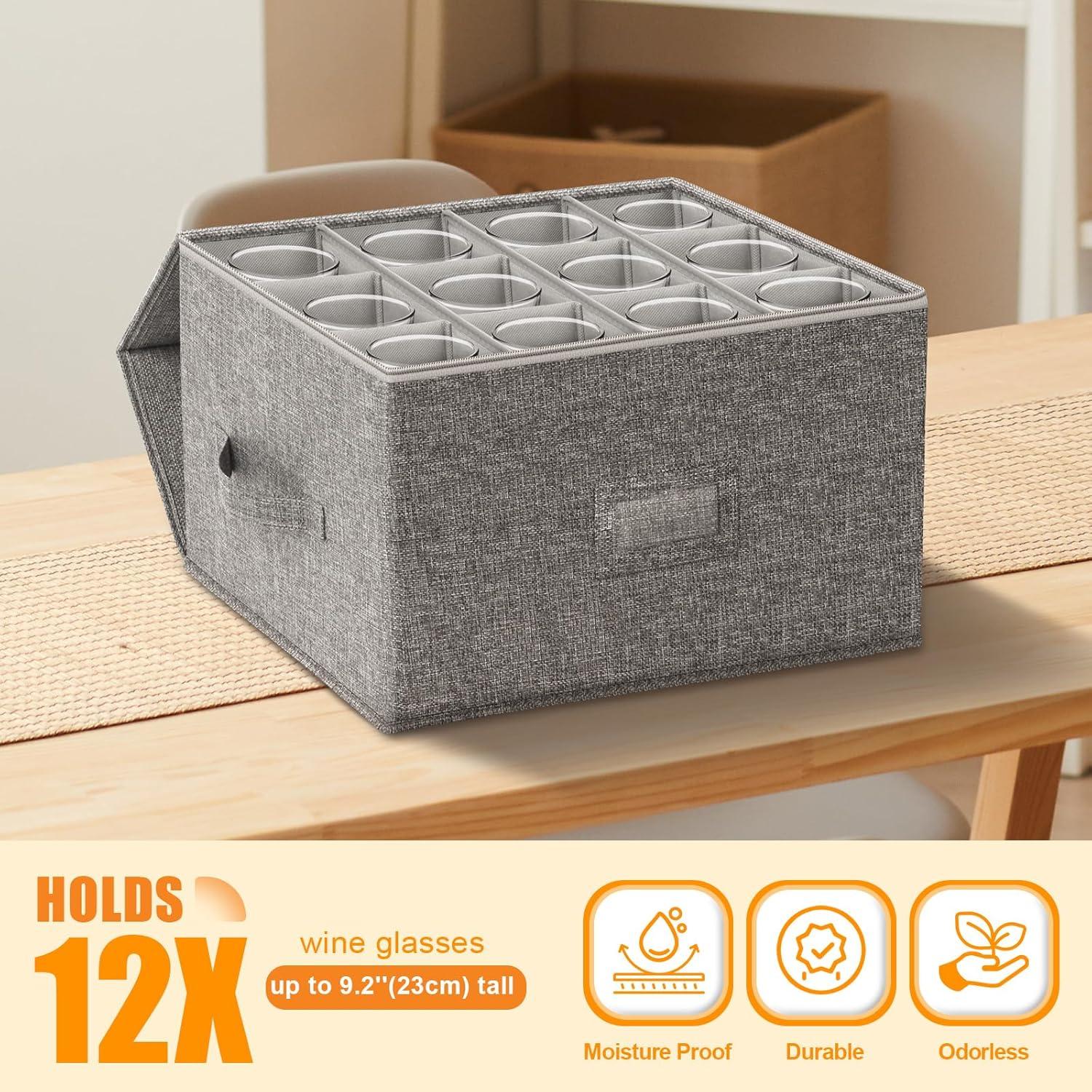 image:imageCoffee Mug Storage Box 2 Pack with Dividers China Storage Containers Organizer Moving Supplies Hard Shell amp Stackable for Coffee Mugs Tea Cups wSturdy Lid amp Handles 24 Compartments GreyWine Glass Storage 2pcs